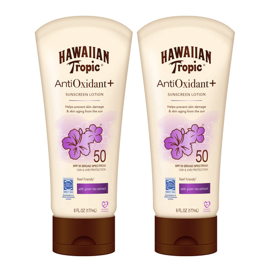 Hawaiian Tropic Skin Defense Sunscreen Lotion SPF 50, 6oz | SPF 50 Sunscreen Lotion with Green Tea Extract, Sunscreen Body Lotion, Oxybenzone Free Sunscreen, 6oz each Twin Pack