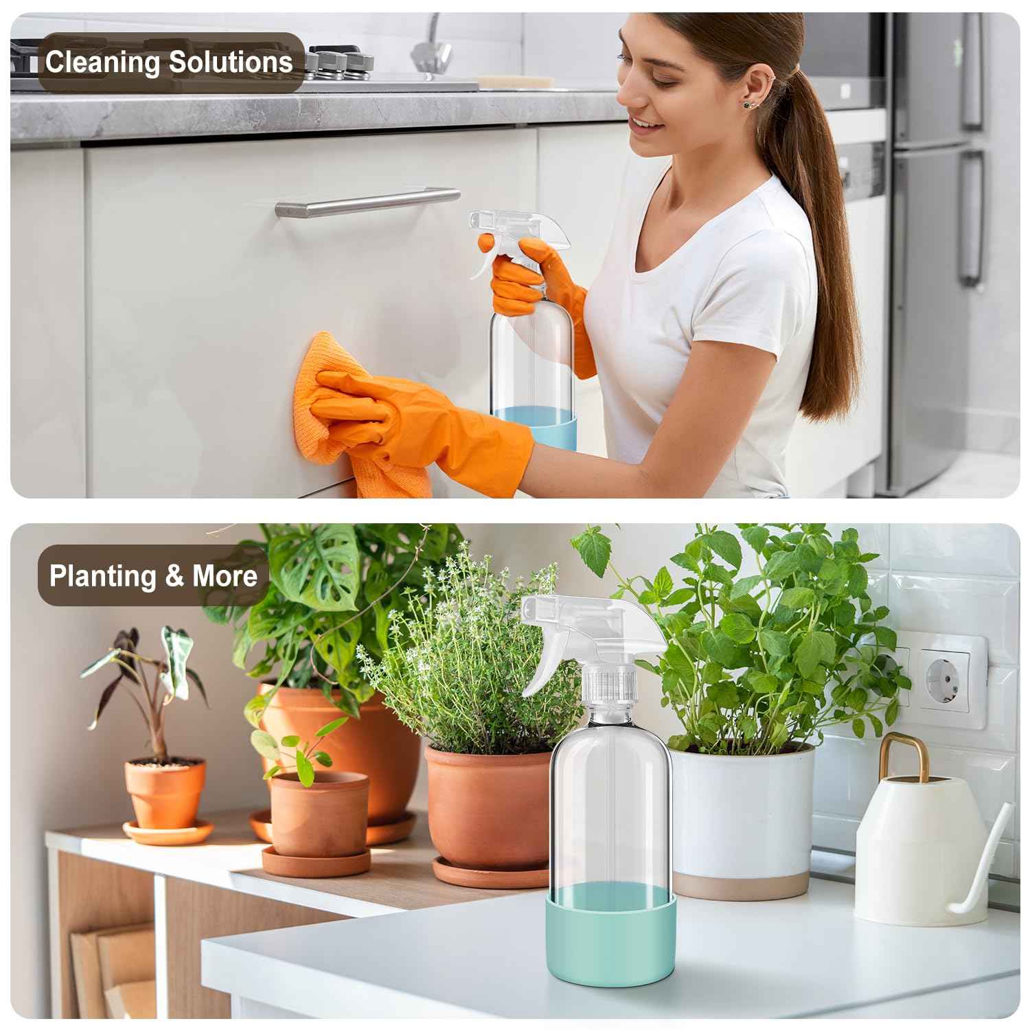 Glass Spray Bottles with Silicone Sleeves (2 Pack, 16 oz), Mist and Stream Empty Refillable Containers, Water Sprayer Misting Bottle for Cleaning Solutions, Planting, Hair Spraying, Green & Grey