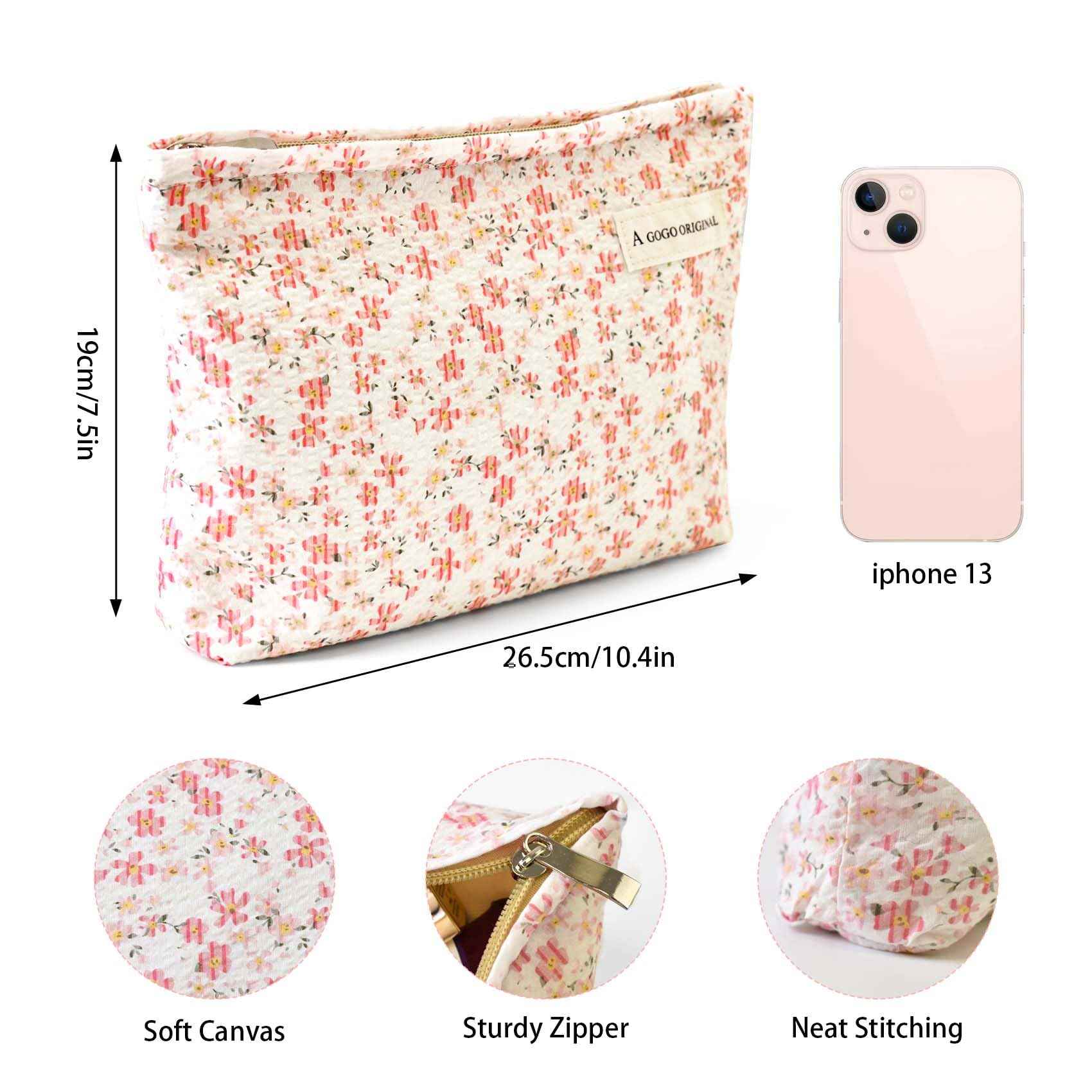 giteo bedding Aesthetic Makeup Bag Cotton, Quilted Floral Make up Bags, Travel Toiletry Bag Women, Daily Use Cosmetic Bags for Girls, Pink Makeup Bag for Purse, Cosmetics Organizer Pouch (Pink)