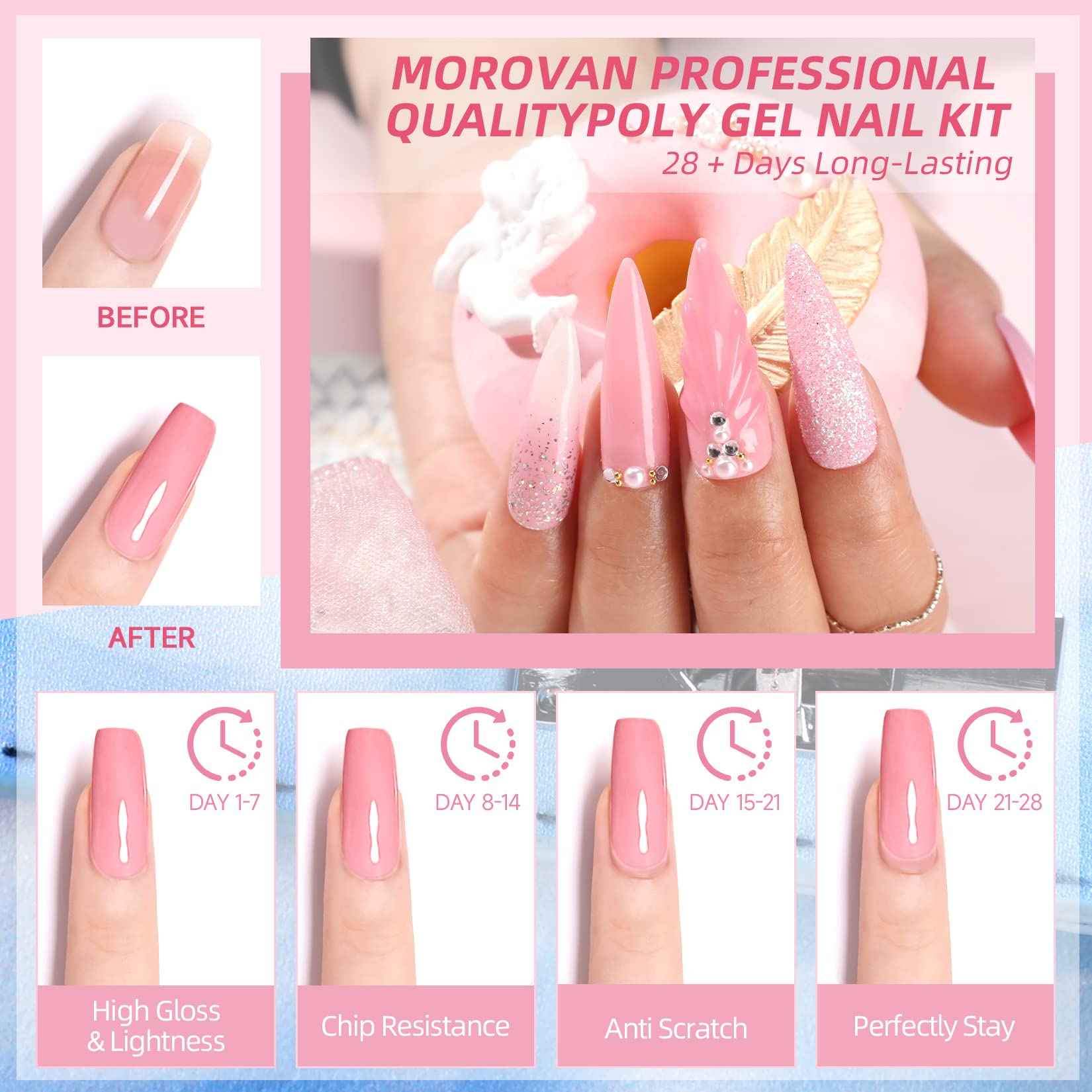 Morovan Poly Gel Nail Set: 48 Color Gel Extension Nails - Trendy Art Designs with Pure & Glitter Finish