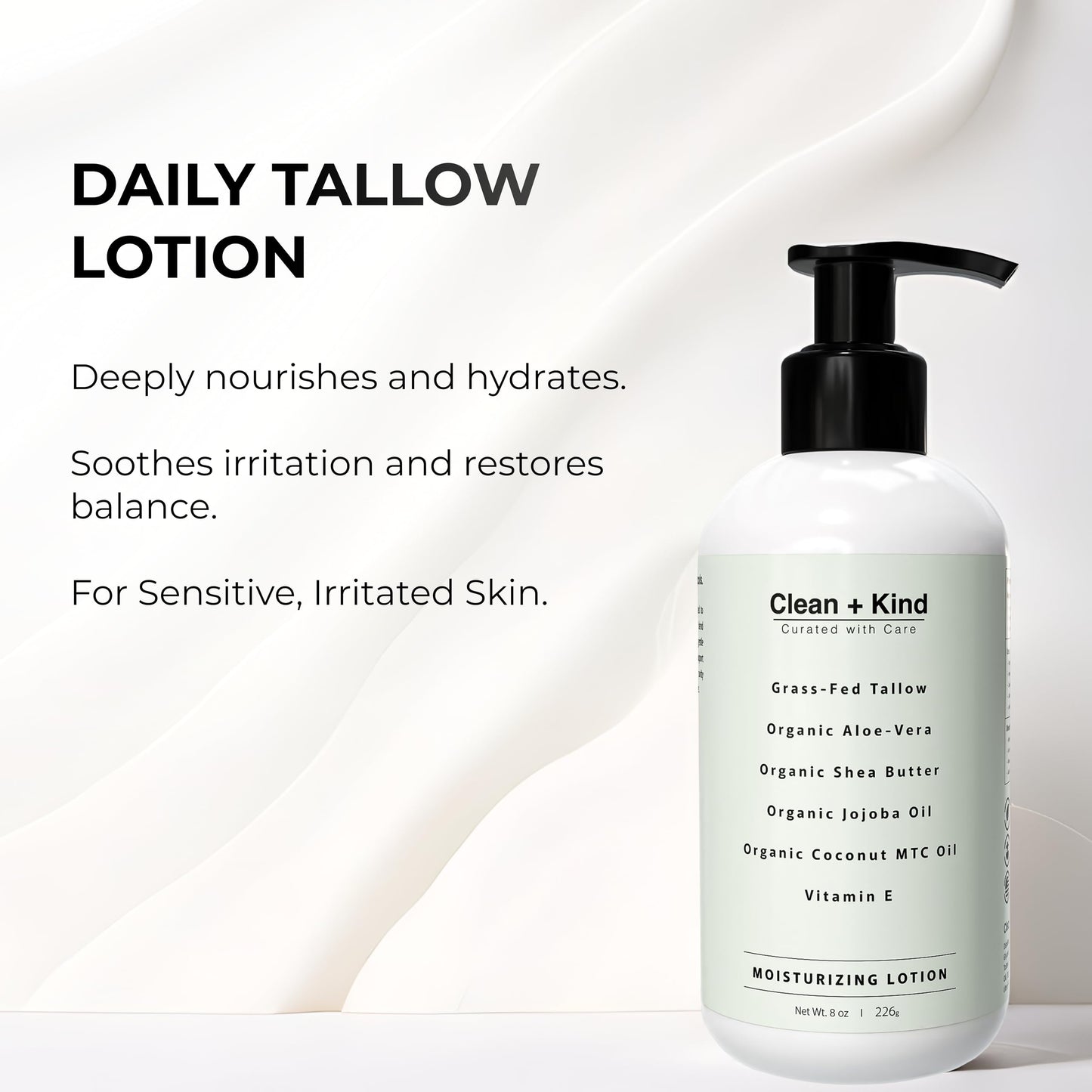 Clean + Kind Daily Moisturizing Lotion – Tallow Body Lotion with Aloe Vera, Shea Butter, Jojoba Oil, MCT Oil & Vitamin E – Deep Hydration for Dry, Rough, Sensitive Skin (8 oz, Vanilla)