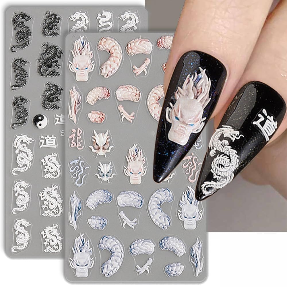 5D Embossed Dragon Nail Art Stickers for Nail Designs Black White Dragon Nail Stickers for Women Chinese Dragons Nail Decals for Nail Art Supplies Dragon Nail Sticker Manicure Stickers for Nails Decor