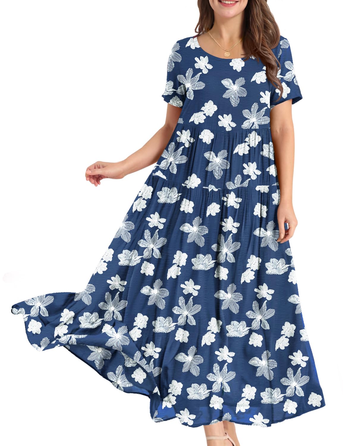 YESNO Women Casual Loose Bohemian Floral Dress with Pockets Short Sleeve Long Maxi Summer Beach Swing Dress S EJF CR385