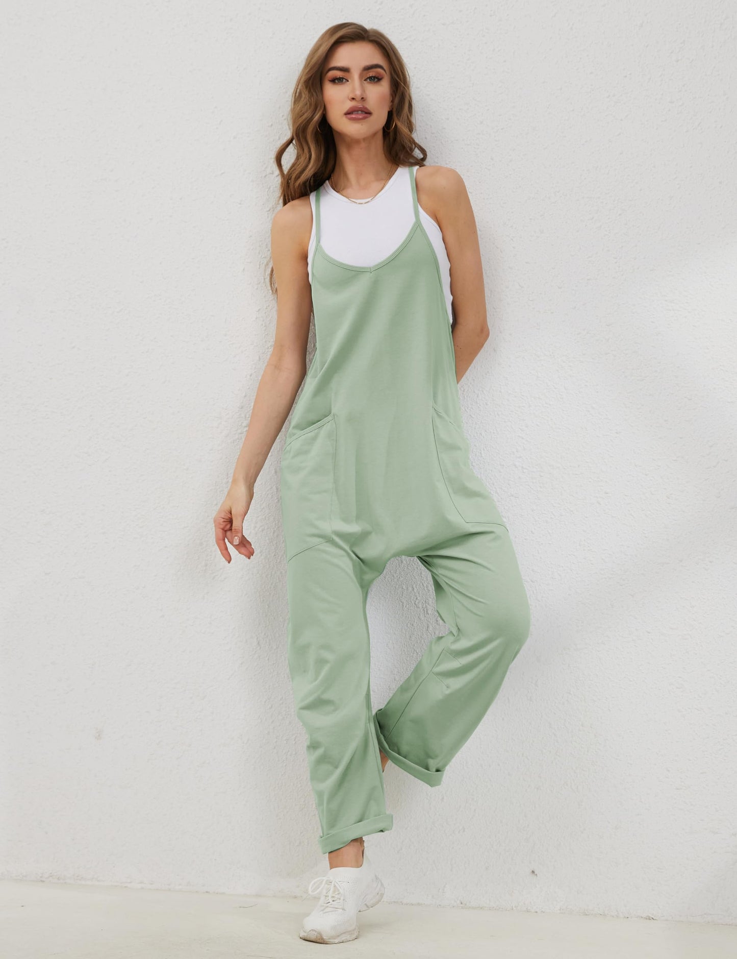 Lentta Women's Causal Jumpsuits V Neck Sleeveless Harem Overalls Stretchy Adjustable Strap Romper with Pockets(PeaGreen-S)