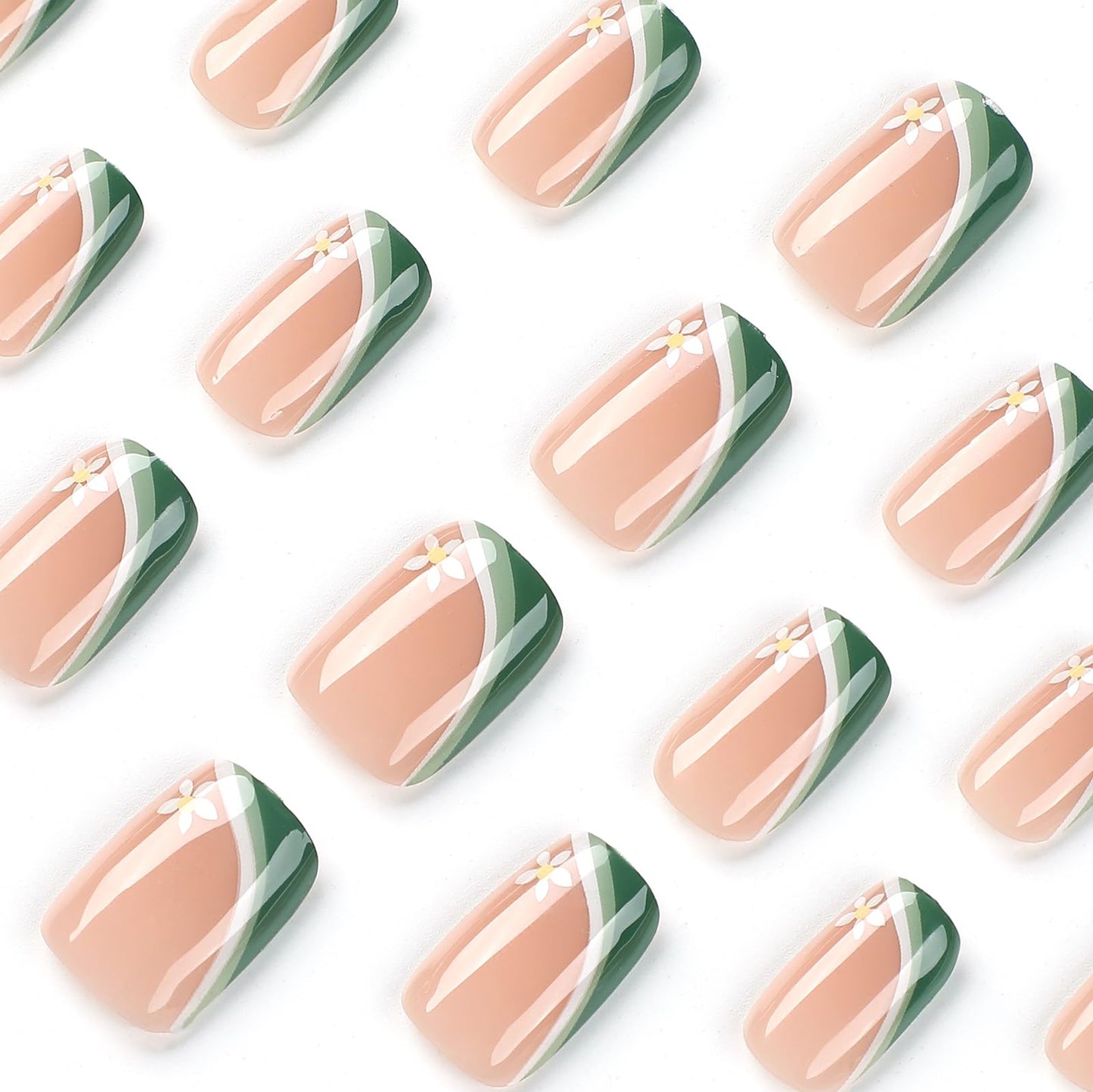 French Press on Nails Medium Fake Nails Square False Nails with Flower Design Green White Nail Tip Full Cover Glossy Artificial Nails Spring Summer Stick on Nails Flower Glue on Nails for Women Girls