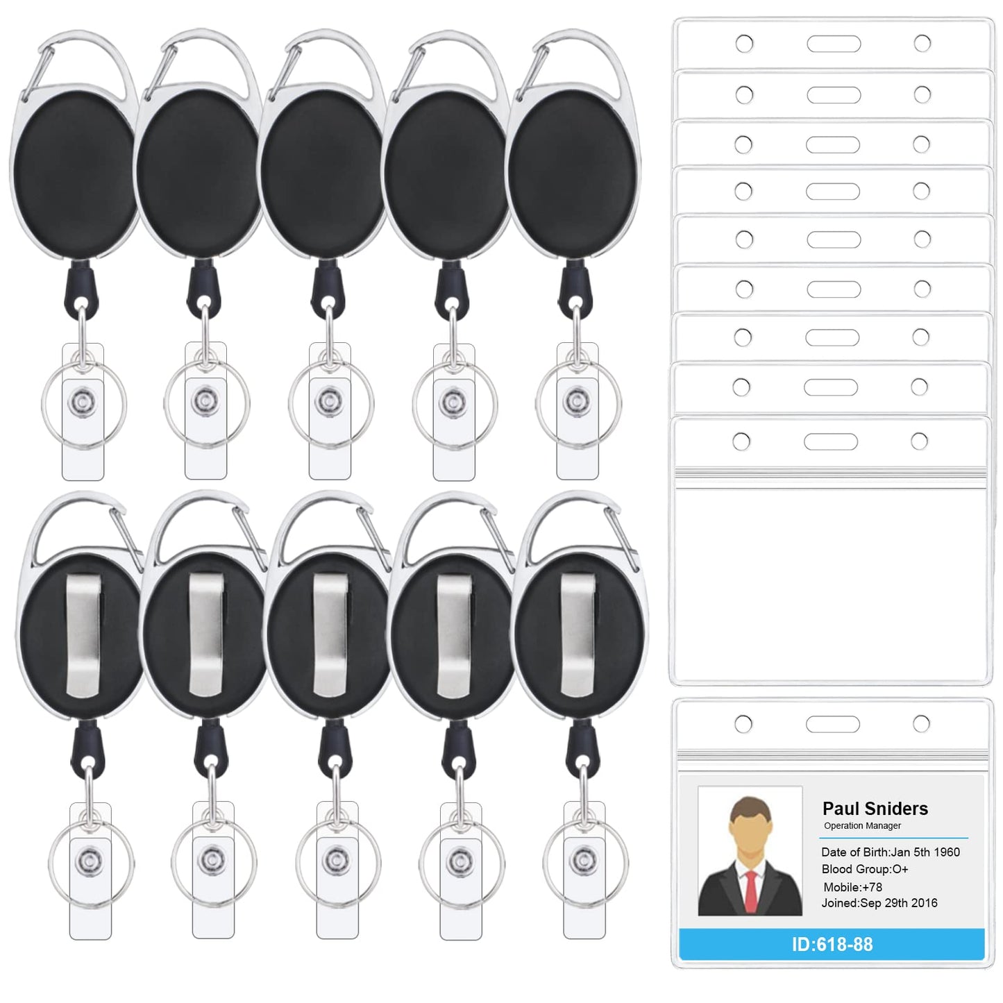 10 Pack ID Badge Holder with Clip – Badge Reels Retractable Heavy Duty – Clear Id Card Holder Retractable – Horizontal Lanyard Id Holder with Carabiner Badge Reel – Badge Holders with 24" Pull Cord