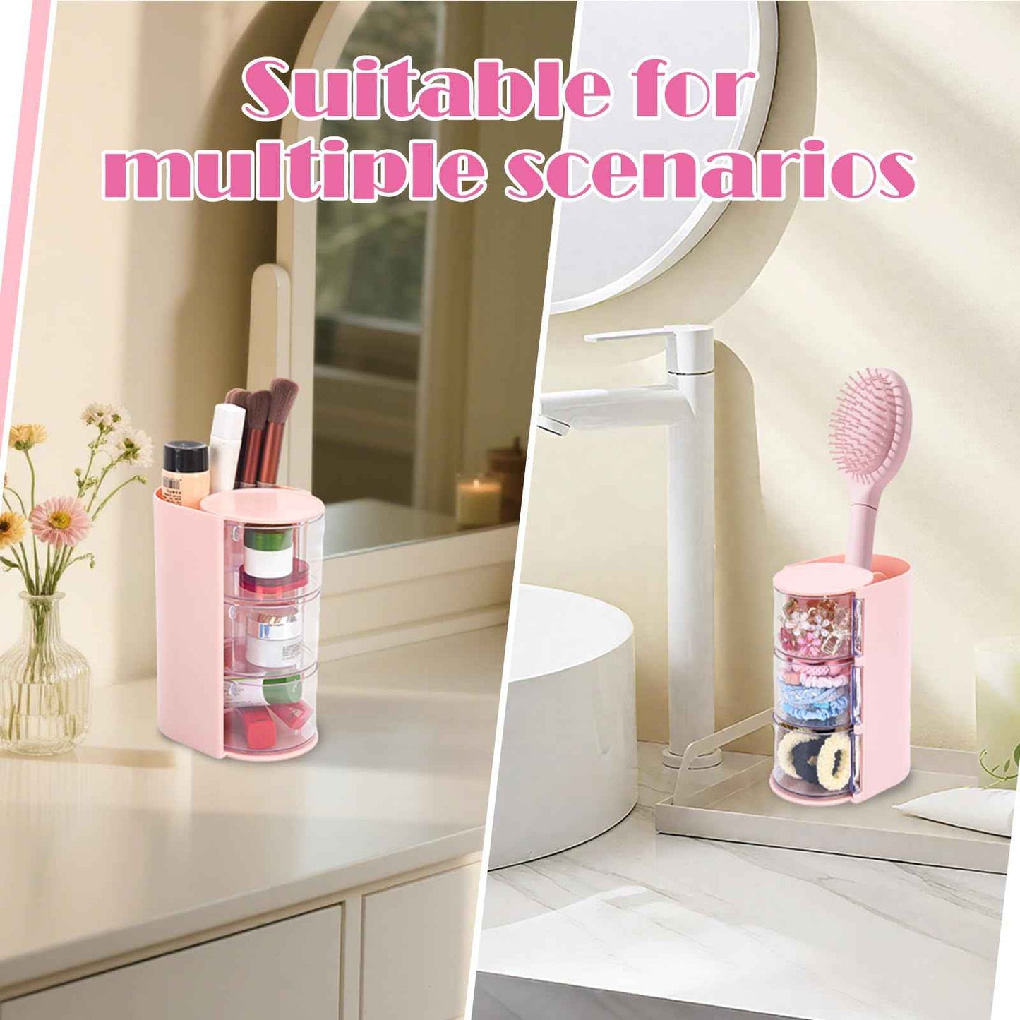 Pink Hair Accessory Organizer, 3-Layer Clear Hair Accessories Organizer Rotatable Small Jewelry Box for Clip Earring Necklaces, The Latest Gift for A Girl.