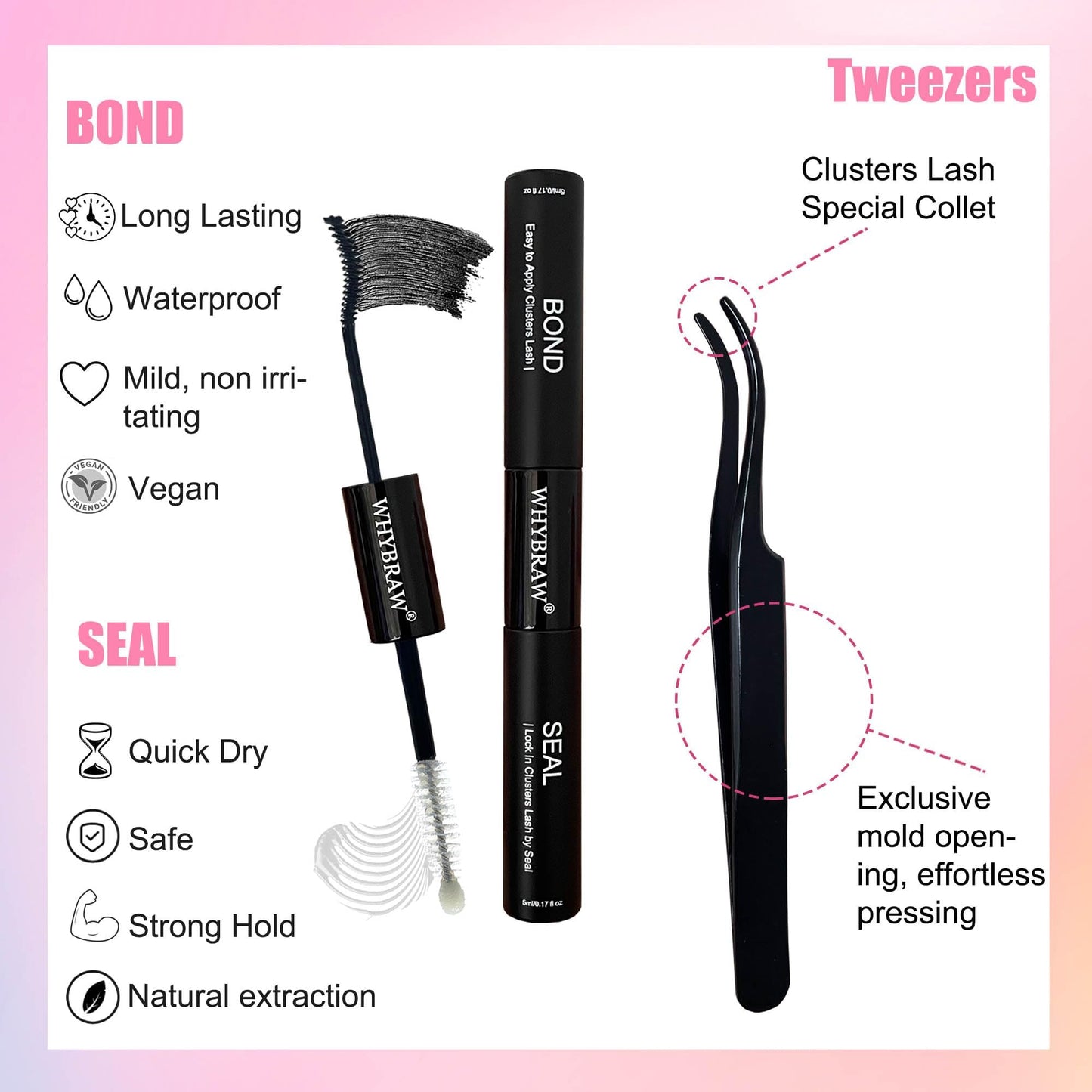 Lash Extension Kit D Curl Lash Clusters WHYBRAW Eyelash Extension Kit with 7 Days Long Lasting Bond Lash Bond and Seal 200 Pcs Natural Individual Lashes Kit with Cluster Lash Tweezers