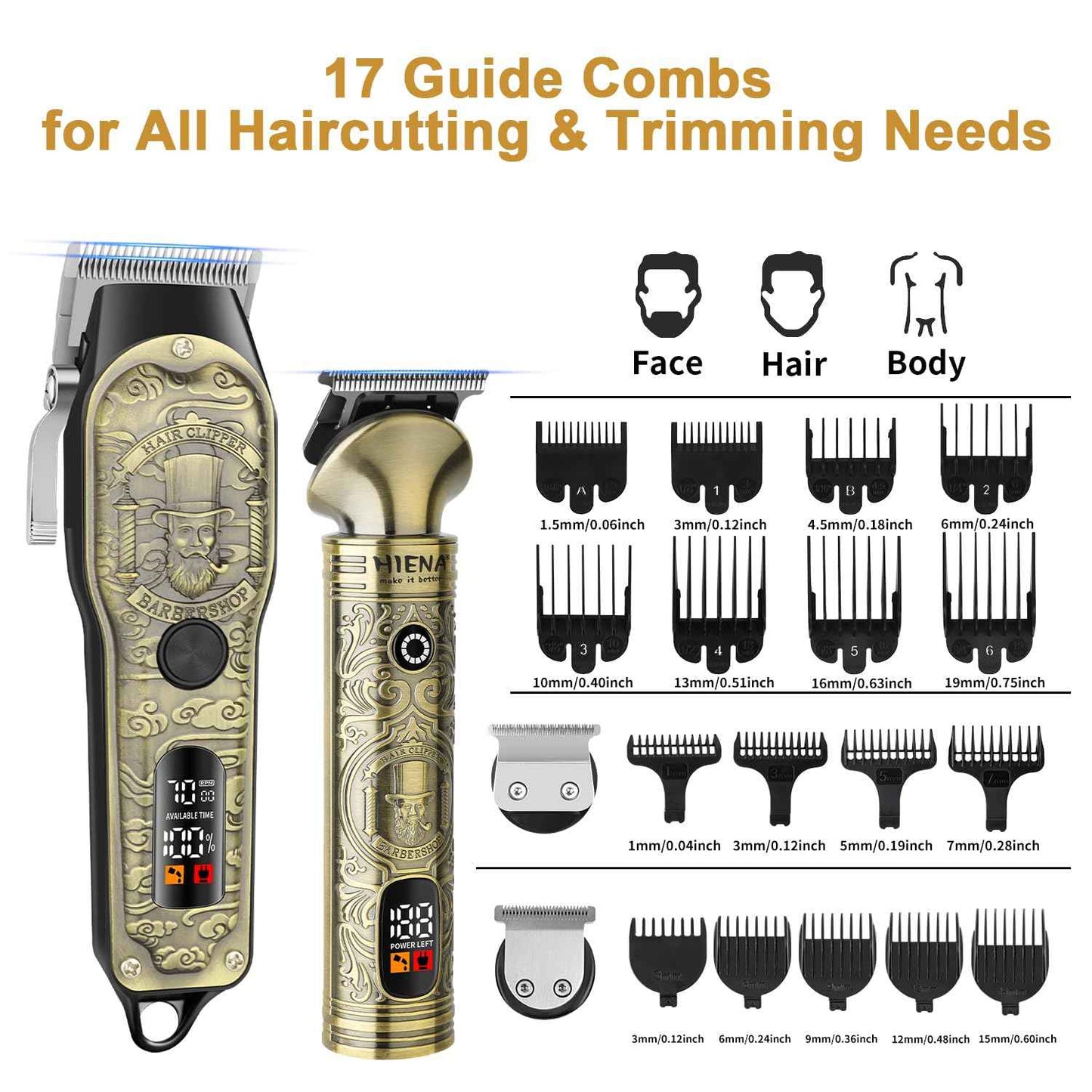 HIENA PRO Hair Clippers for Men Professional, Cordless Barber Clipper T-Blade Beard Trimmer Nose & Body Hair Trimmer Foil Shaver Grooming Kit, Electric Full Men's Hair Cutting Kit with 17 Guide Combs