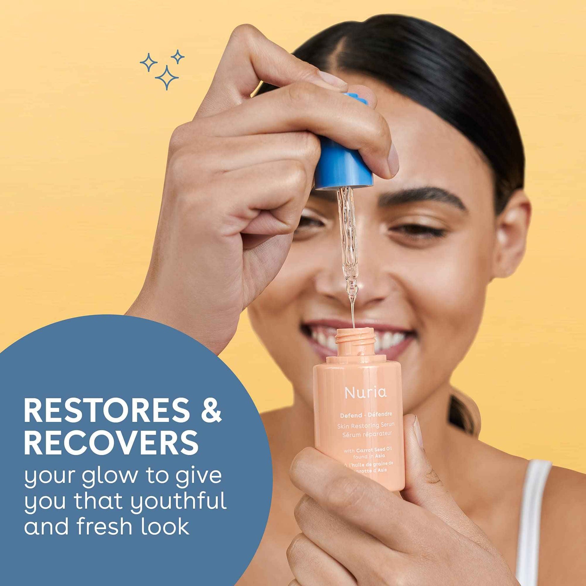 Nuria - Defend Skin Restoring Serum, Antioxidant Serum for All Skin Types, Skin Care Serum with Carrot Seed Oil, Rooibos Red Tea, and Sodium Hyaluronate, 25mL/0.8 fl oz