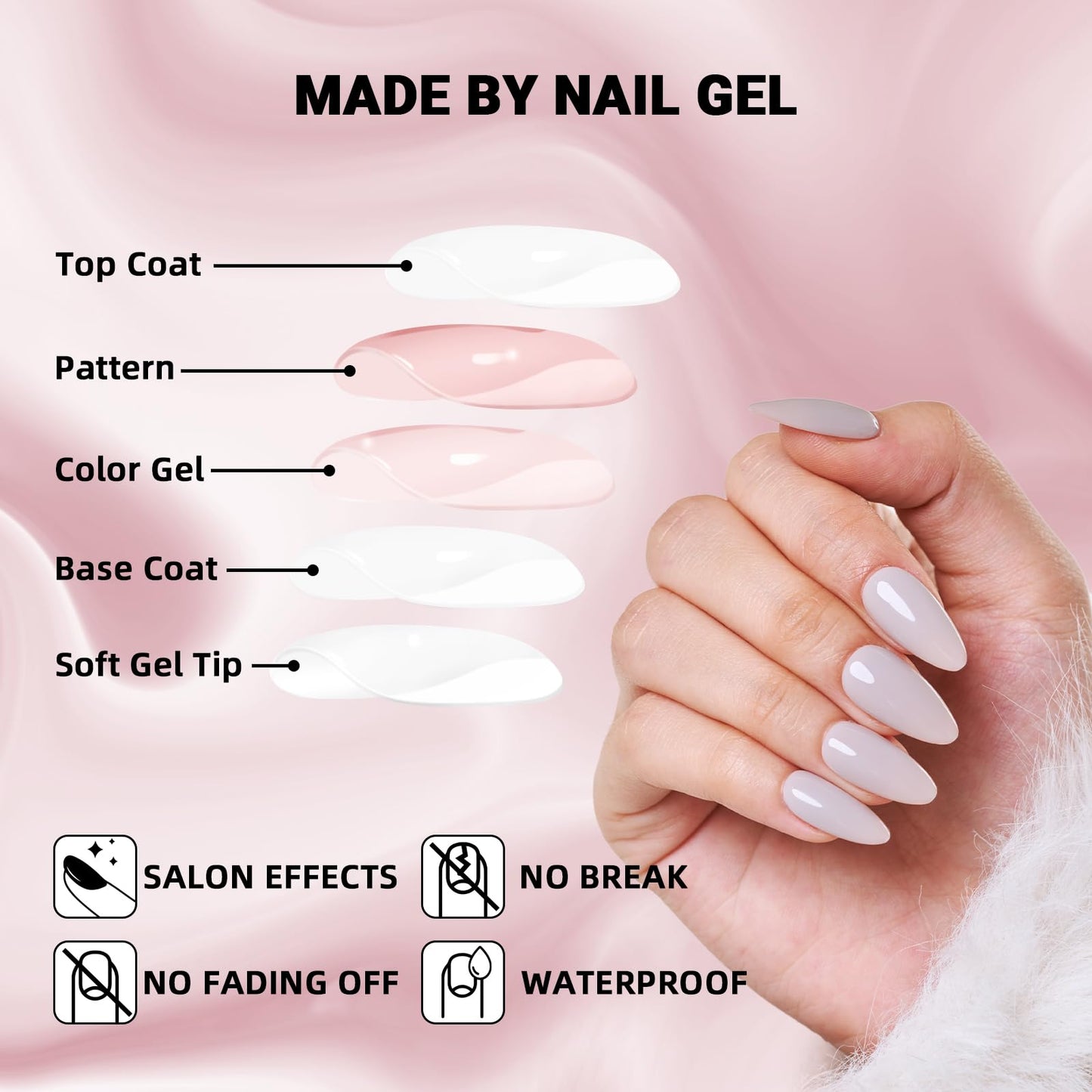 Press On Nails Almond, WOOYAS Medium Length Fake Nails Light Purple Grey Glue On Nails Full Cover False Nails with Nail Glue Adhesive Tabs, 24Pcs Reusable Nails Kit for Women