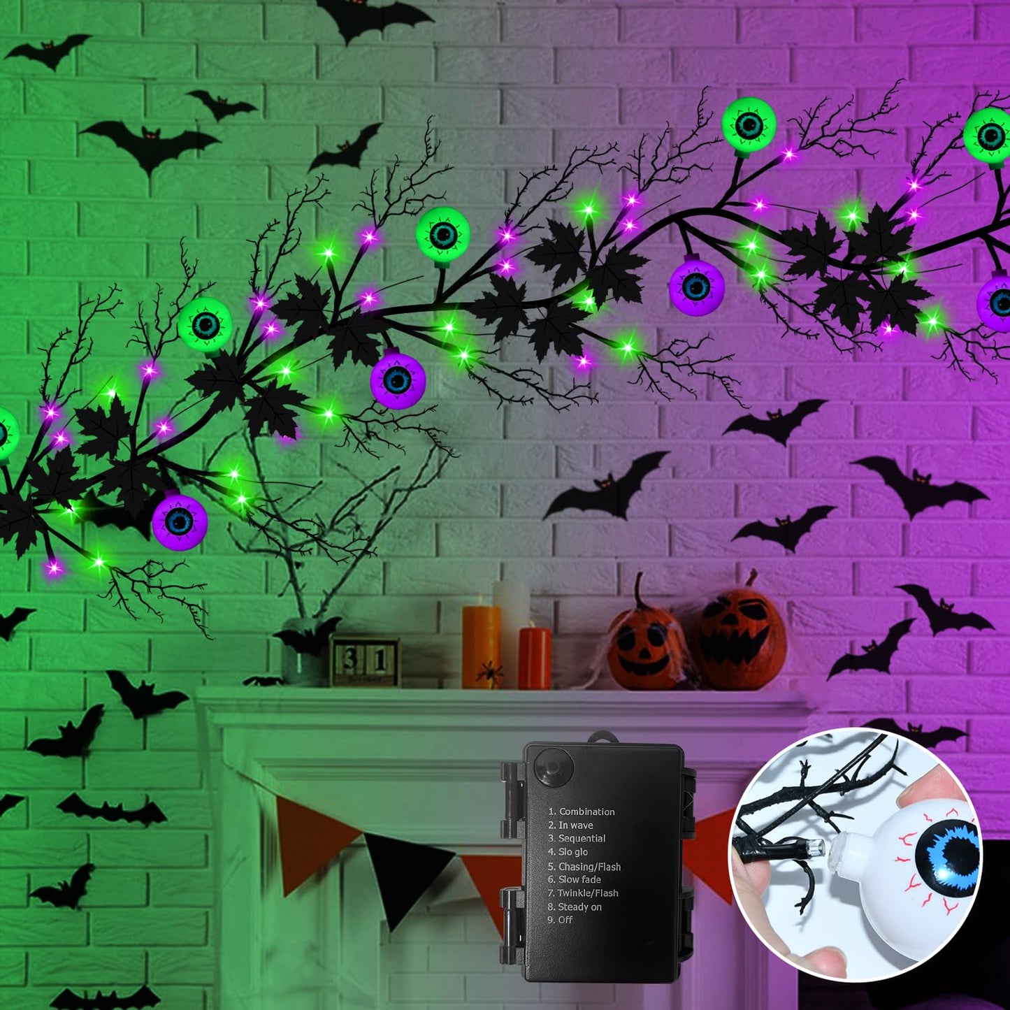 Halloween Decorations 6 Ft 54 LED Purple & Green Lights, Willow Vine Twig Garland with 9 Tree Leaves & 9 Eyeball, Battery Operated 8 Modes Halloween Lights for Home Wall Window Fireplace Mantle Decor