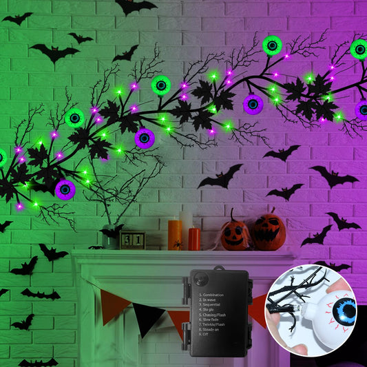 Halloween Decorations 6 Ft 54 LED Purple & Green Lights, Willow Vine Twig Garland with 9 Tree Leaves & 9 Eyeball, Battery Operated 8 Modes Halloween Lights for Home Wall Window Fireplace Mantle Decor