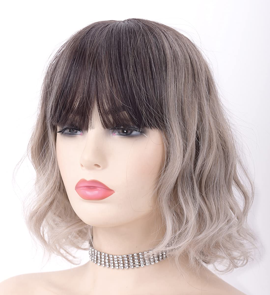 LANOVA Ash Blonde Wig with Bangs, Short Curly Wigs, Ombre Wig, Ombre Brown Blonde Wigs for Women,Synthetic Wig 10 inch LANOVA-134-5