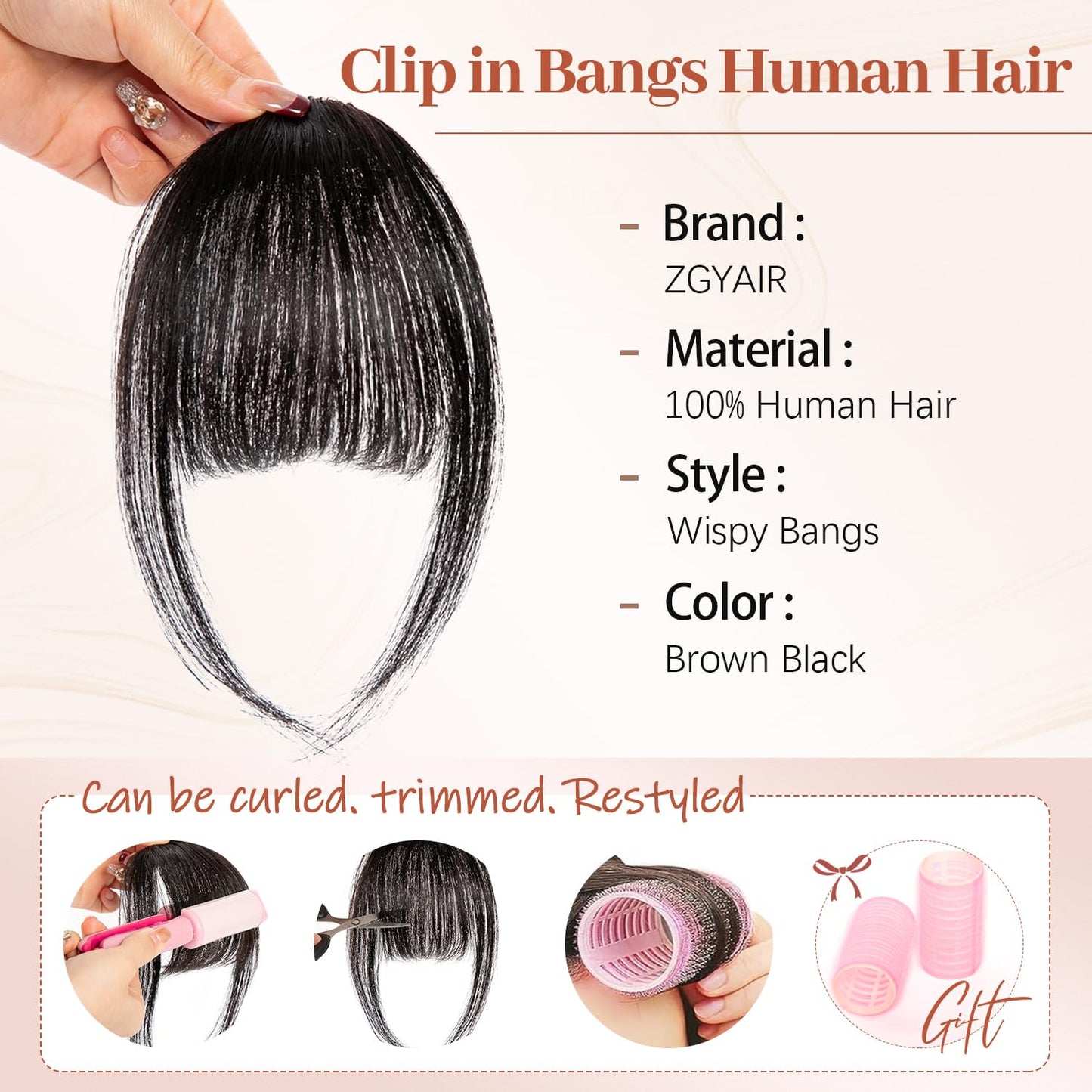 ZGYAIR Clip in Bangs 100% Human Hair Wispy Bangs Natural Black Air Bangs Fringe with Temples Clip in Hair Extensions Curved Bangs Hairpieces for Women Daily