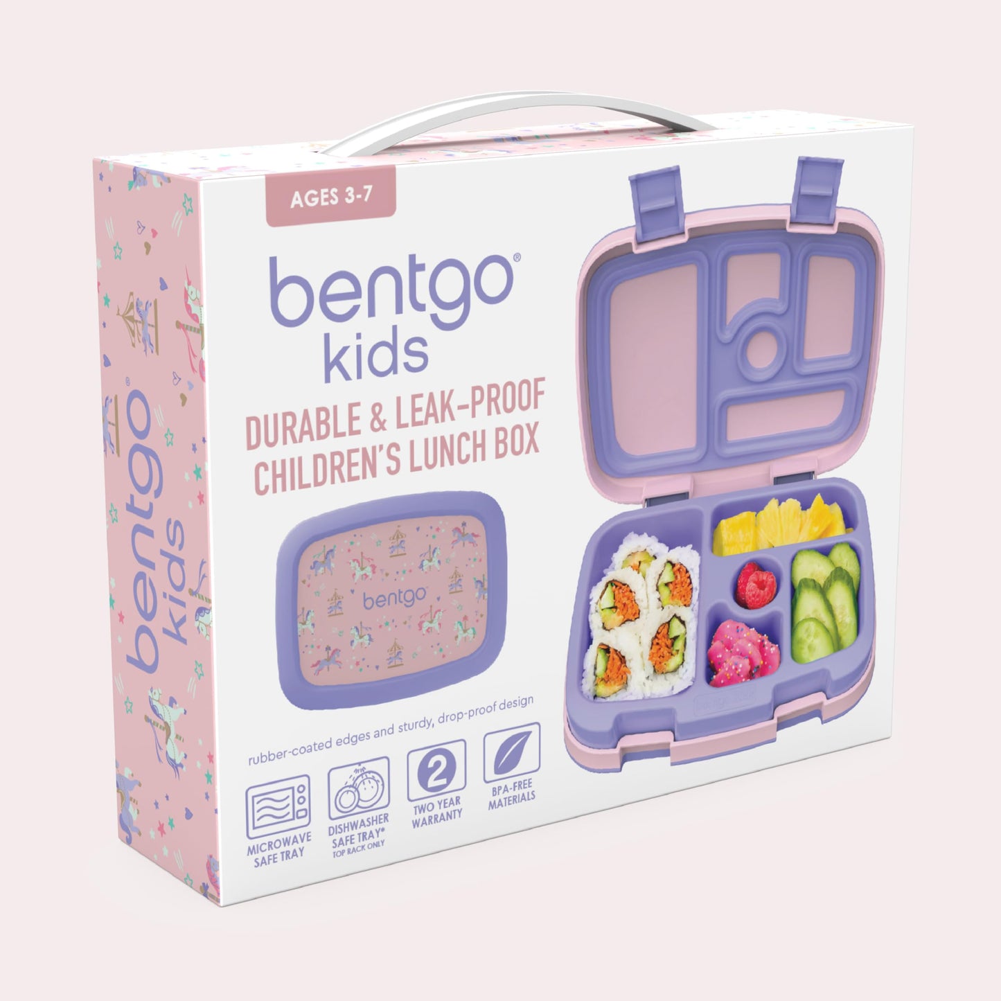 Bentgo Kids Prints Leak-Proof, 5-Compartment Bento-Style Kids Lunch Box - Ideal Portion Sizes for Ages 3-7, Durable, Drop-Proof, Dishwasher Safe, & Made with BPA-Free Materials (Carousel Unicorns)