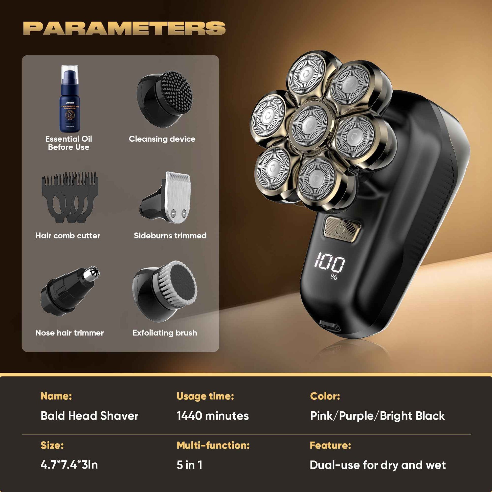 Electric Shaver for Women, Electric Razor with 7D Magnetic Shaver Heads, Wet Dry Waterproof Bald Head Trimmer Kit for Women & Men, Nose Ear Hair Trimmer, USB Rechargeable Clippers, Pink