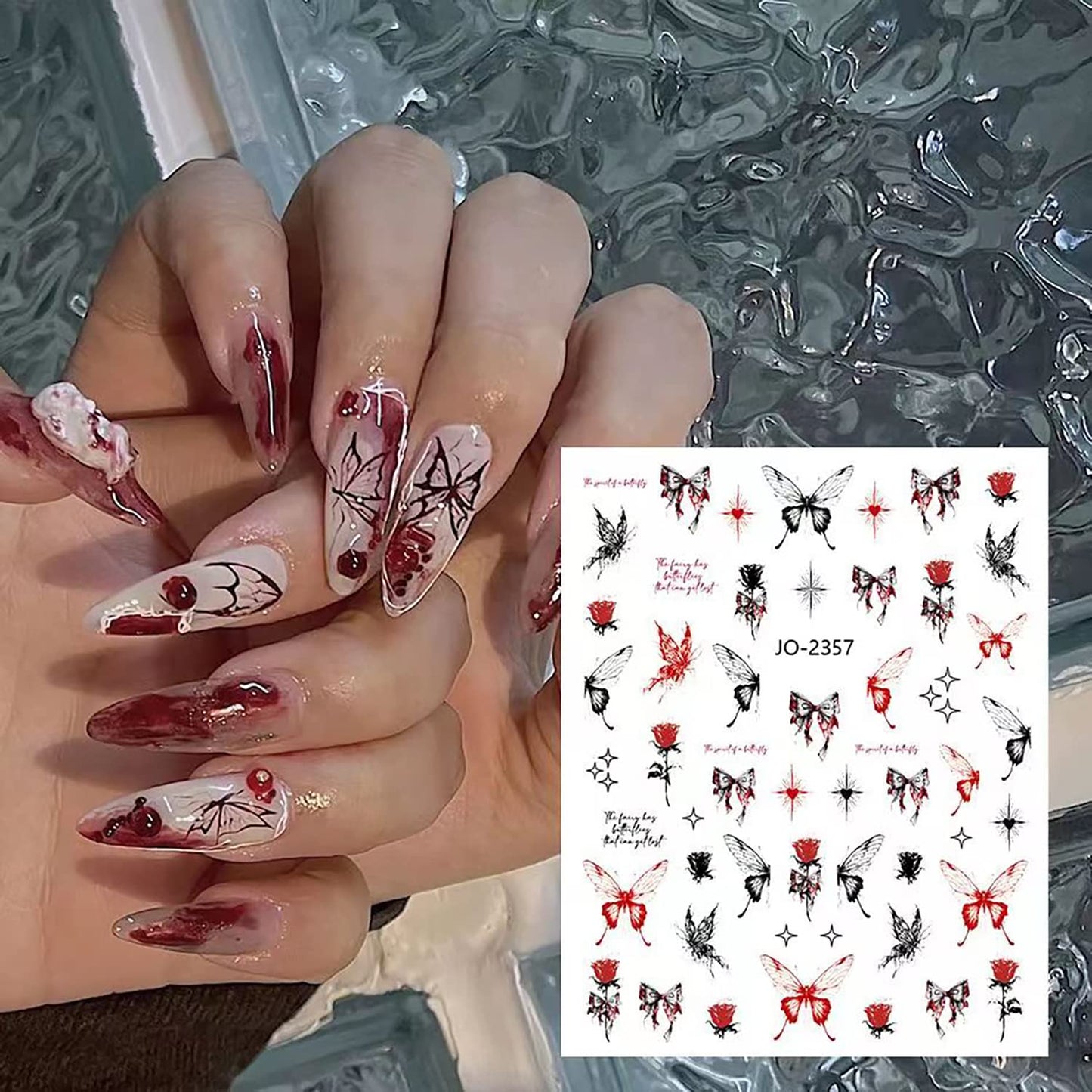 12 Sheets Butterfly Nail Art Sticker Decals, Black Red White Butterflies Nail Art Designs, 3D Butterfly Nail Self-Adhesive Sticker Acrylic Supplies for Women Manicure Decorations, DIY Resin Decal