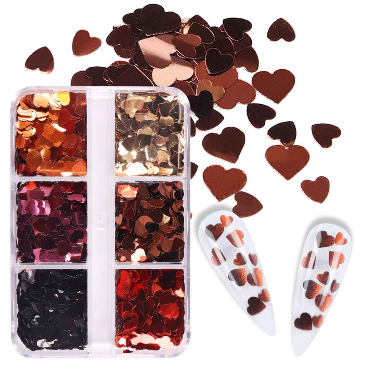 6 Grids 3D Heart Nail Glitter Sequins Valentine's Nail Art Stickers Love Nail Decals Holographic Laser Heart Nail Designs Red Black Rose Gold Heart Glitter for Acrylic Nails Decorations