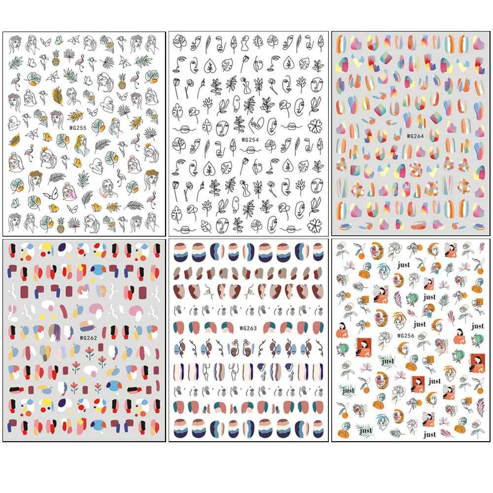 Graffiti Fun Nail Art Stickers, Abstract Nail Decals 3D Self-Adhesive Abstract Lady Face Rose Leaf Nail Design Manicure Tips Nail Decoration for Women Girls Kids(6Sheets)