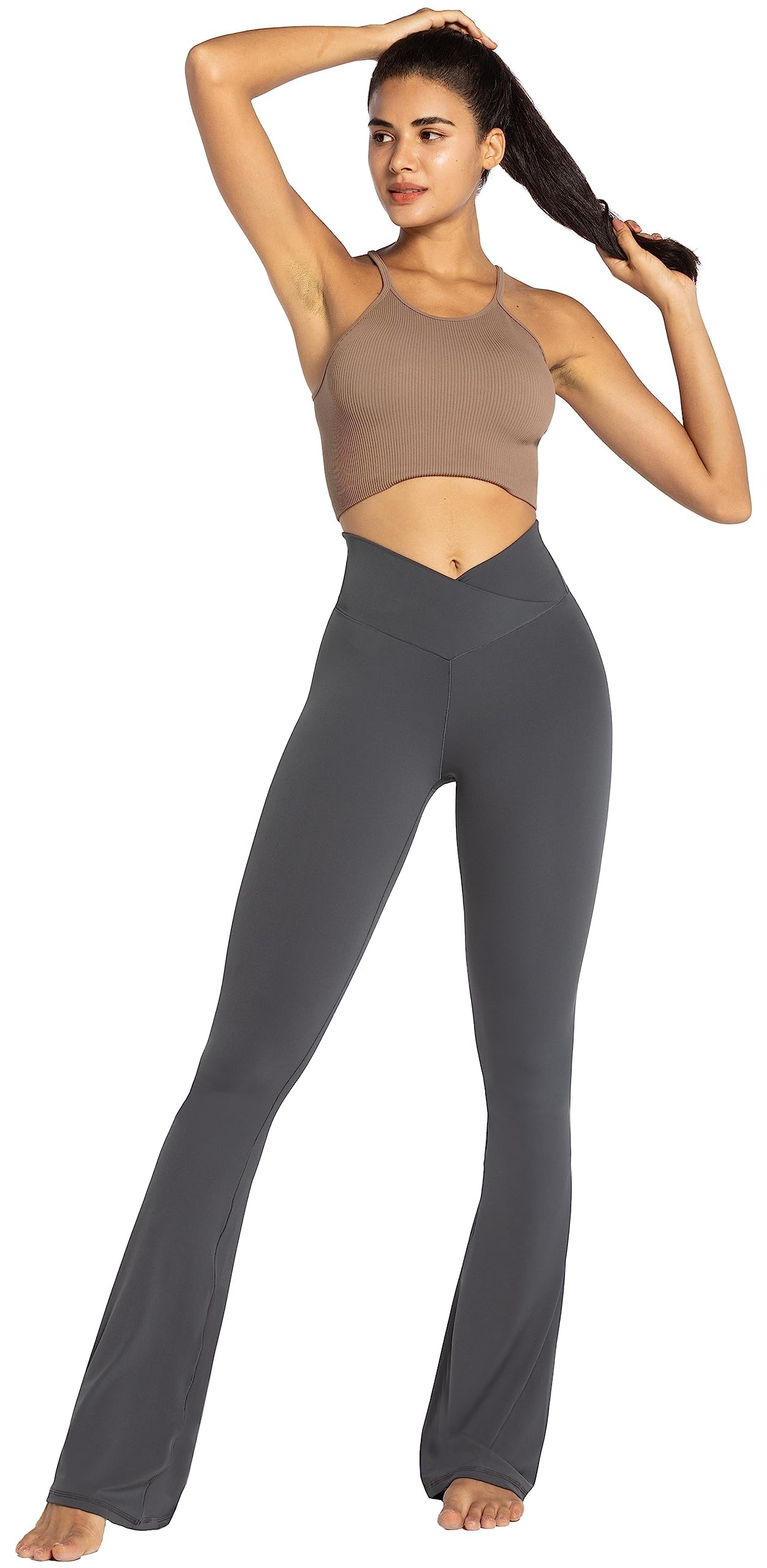 Sunzel Flare Leggings, Crossover Yoga Pants with Tummy Control, High-Waisted and Wide Leg, 28" Inseam, Dark Grey X-Small