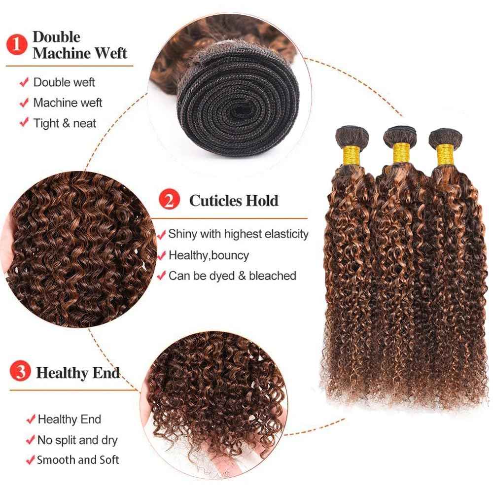 Biliisyff P4/30 Highlight Brown Curly Wave Human Hair Ombre Kinky Curly Bundles Brazilian Virgin Hair Two Tone #4 Brown Mixed With #30 Auburn Bundles Hair Weave 8 10 12 Inch