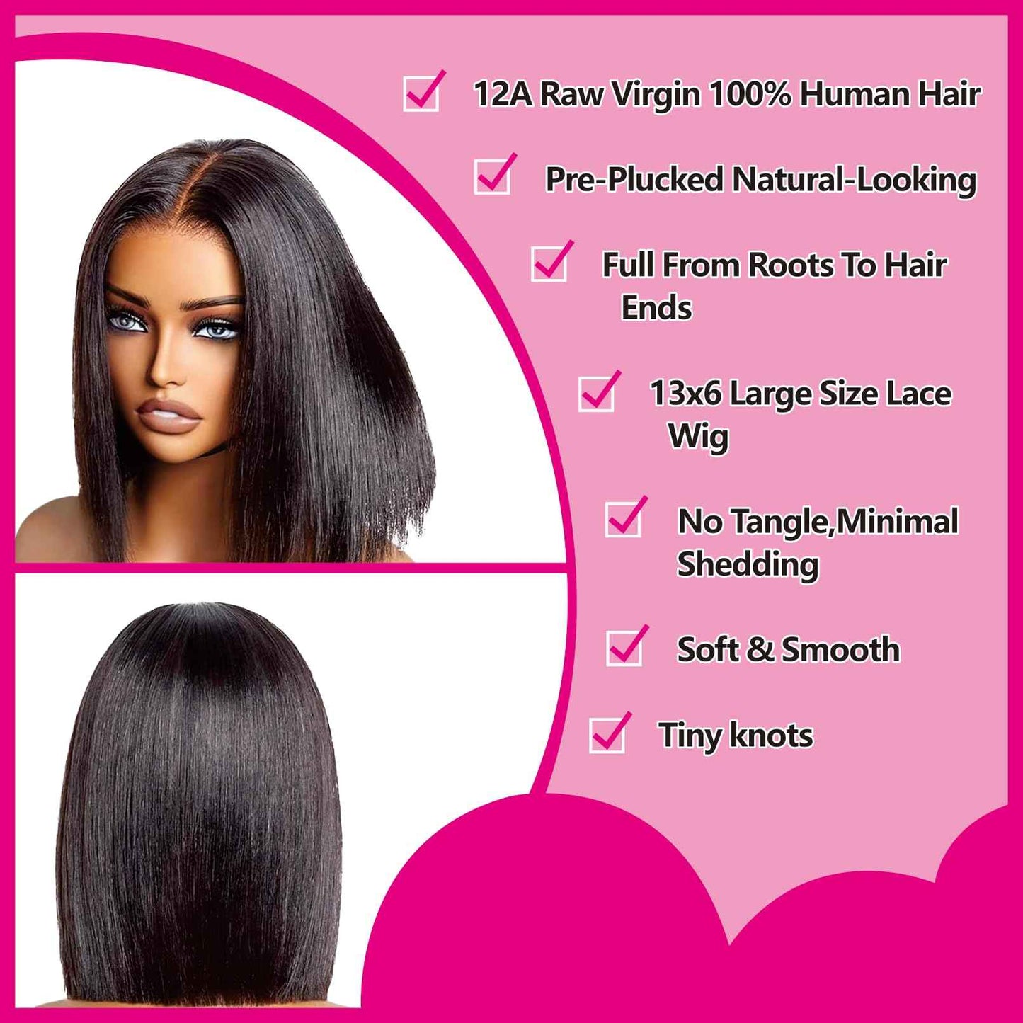 Nikiss Bob Wig Human Hair 13x6 Frontal Lace Wig Short Straight Bob Human Hair Wigs for Black Women 200 Density Pre Plucked with Baby Hair Natural Color 14 Inch