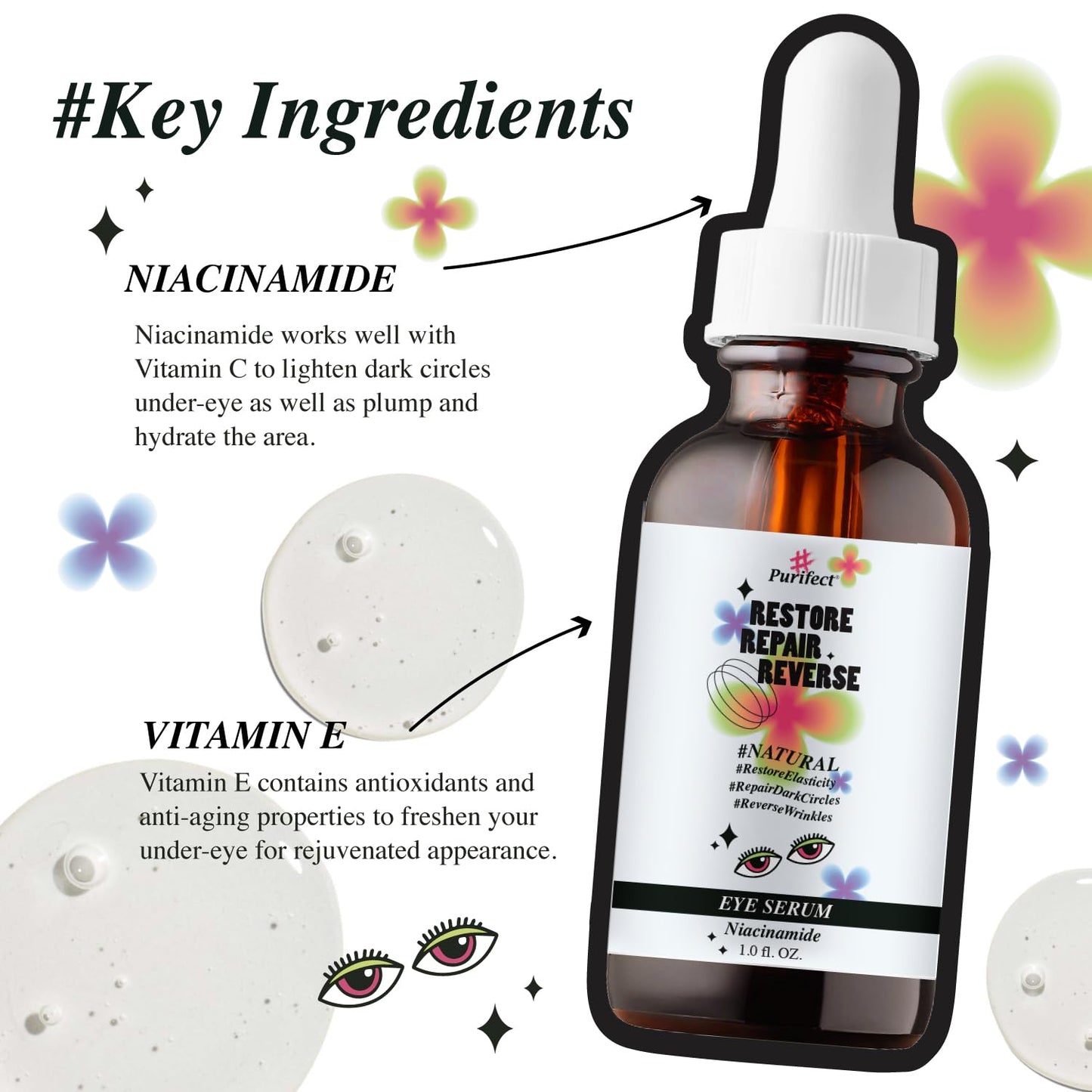 Natural Facial Serum - Anti Aging Moisturize Sensitive Skin - 30ml 1 fl oz - Tee Tree Vitamin C Shea Butter Hyaluronic Acid Multivitamin #Purifect (Niacinamide Eye Serum)