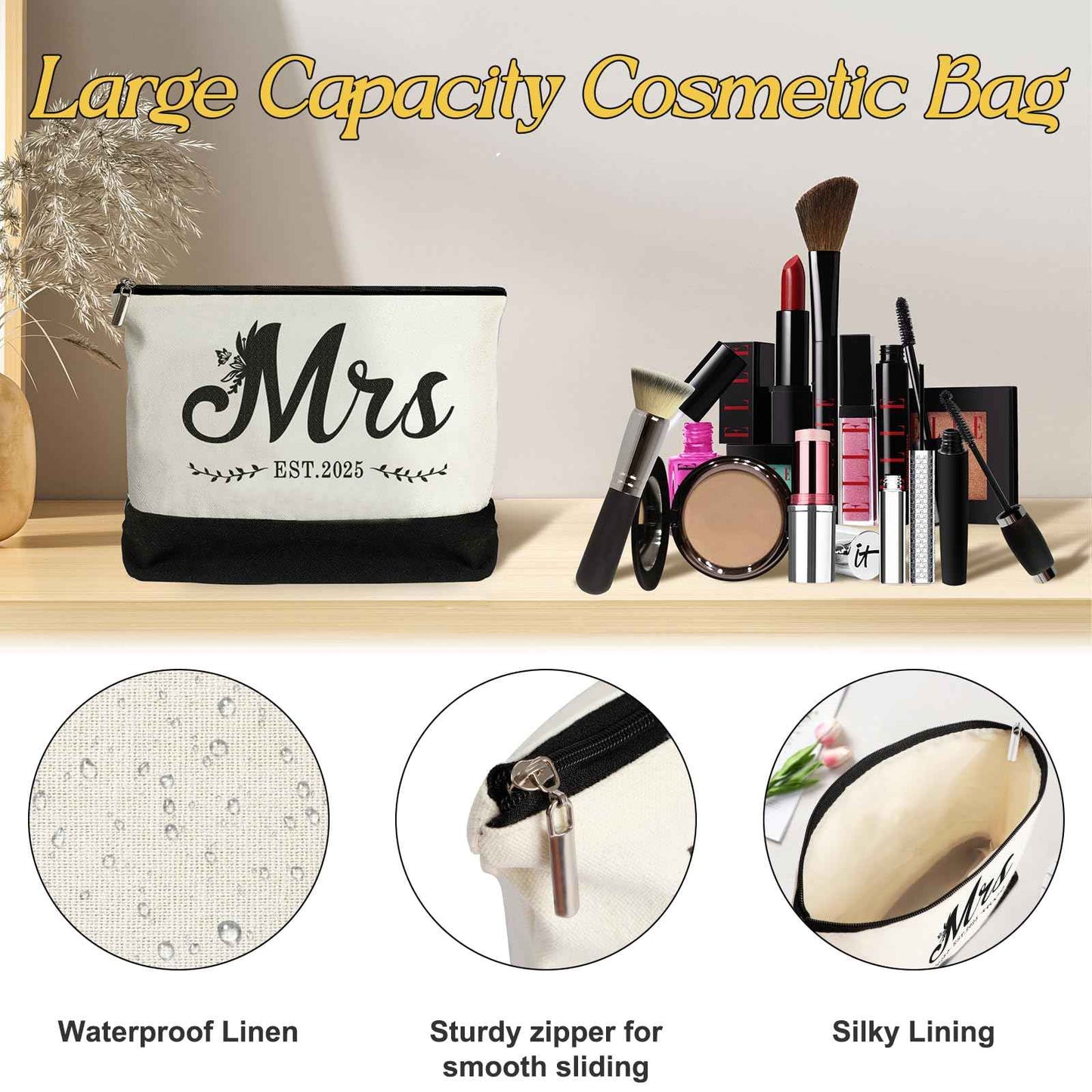 Vanqruo Mrs 2025 Bride Canvas Tote Bag with Makeup Bag, Wedding Gifts for Bridal Shower Bachelorette Party Engagement Honeymoon, Miss to Mrs, Bride to Be Gifts