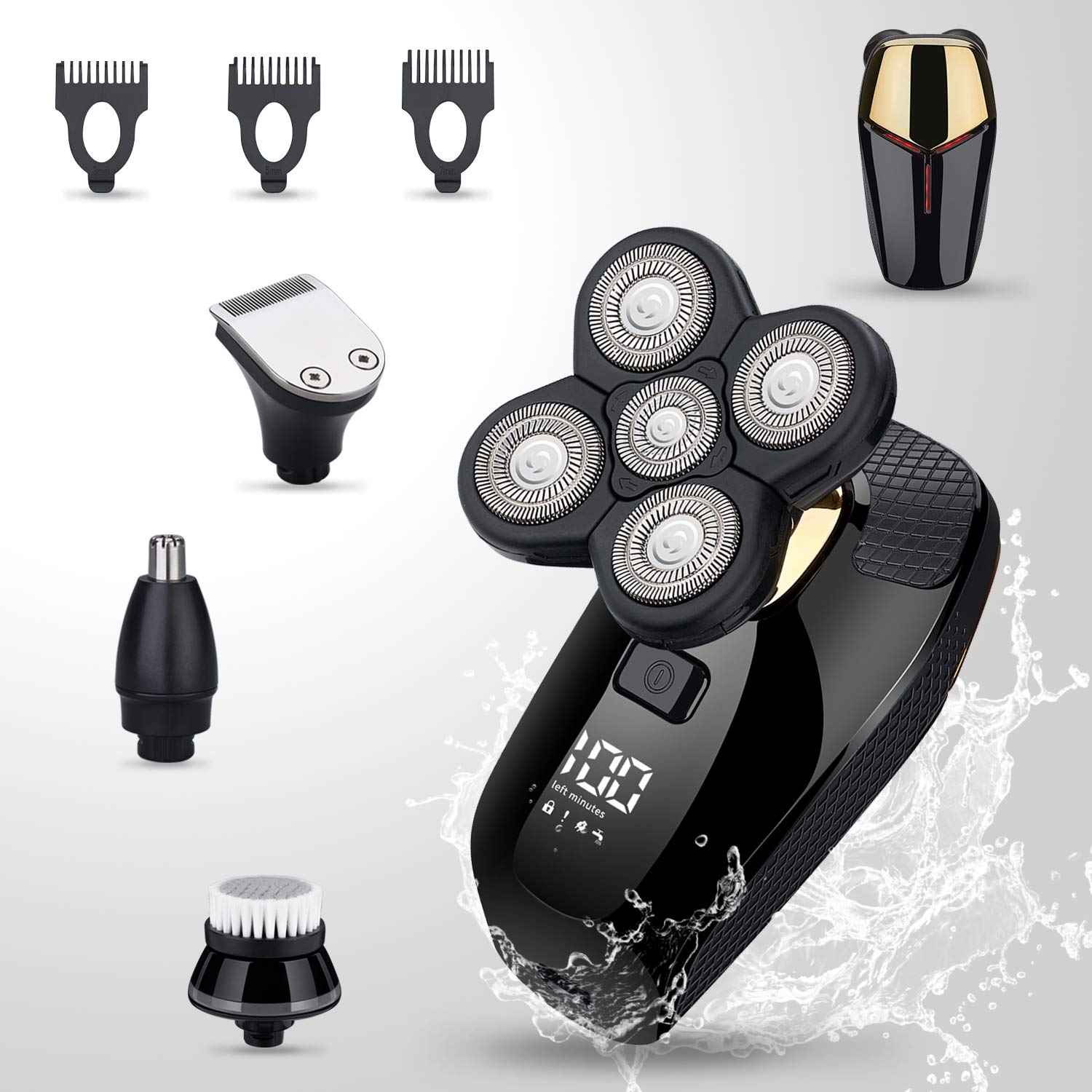 HONTEC 4 in 1 Electric Head Shaver Set - Bald Shaver, Wet & Dry, Cordless, with Nose & Ear Trimmer, Facial Cleansing, Rechargeable, IPX6 Waterproof