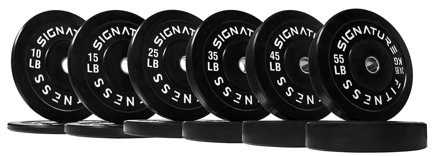 Signature Fitness 2" Olympic Bumper Plate Weight Plates with Steel Hub, 370LB Set (2X 10/15/25/35/45/55LB), Black, with 7FT Olympic Barbell (Chrome)