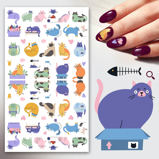 Nail Stickers Decals (5 Sheets) FLONZNAIL Funny and Adorable Pastel CatsNail Decor Transfer Vintage Styled Stickers