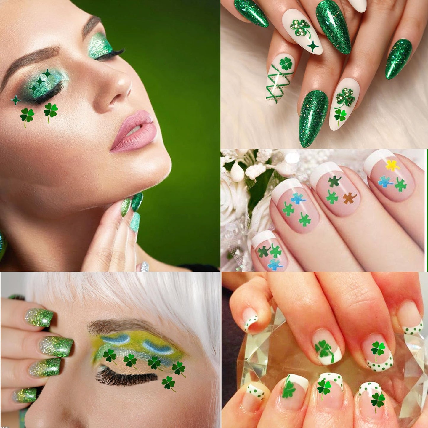 2 Boxes St. Patrick's Day Nail Art Glitters Sequins, Holographic Shamrock Nail Glitters Sequins Stars Heart Shape Designs for St. Patrick's Day Manicure Accessories(Green)