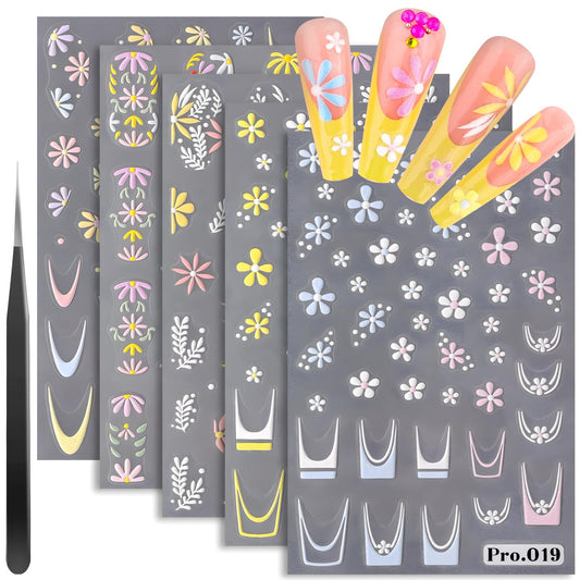 5 Sheets 5D Flower Nail Art Stickers with Tweezer Embossed Pink White Yellow Daisy Nail Decals 3D Self Adhesive Floral Nail Supplies for French Tips Nail Design Women Girl Manicure Pegatinas Uñas