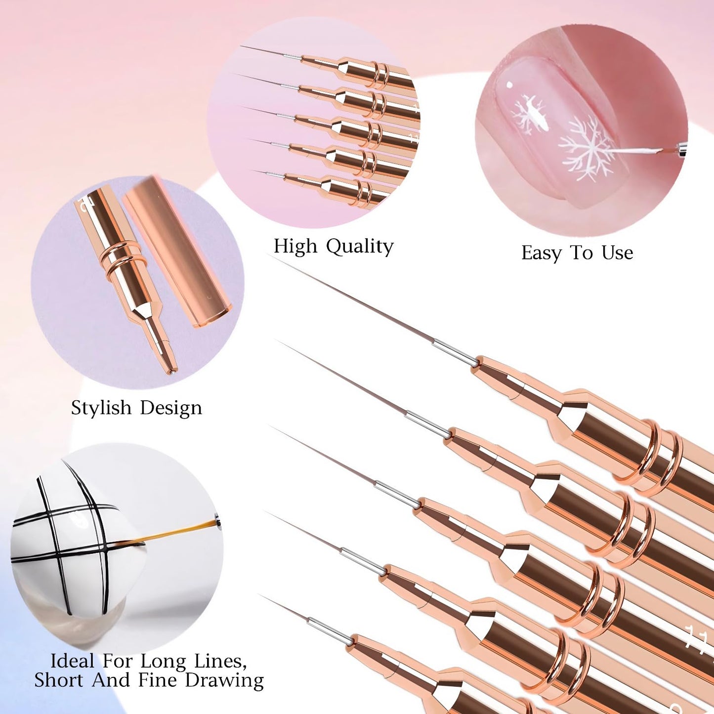 5pcs Nail Art Liner Brushes,Liner Brush For Nails,Nail Art Brush For Long Lines,Thin Details,Fine Drawing,Liner Brush UV Gel Polish Painting Nail Design Sizes 7/9/11/15/25mm（Rose Golden）