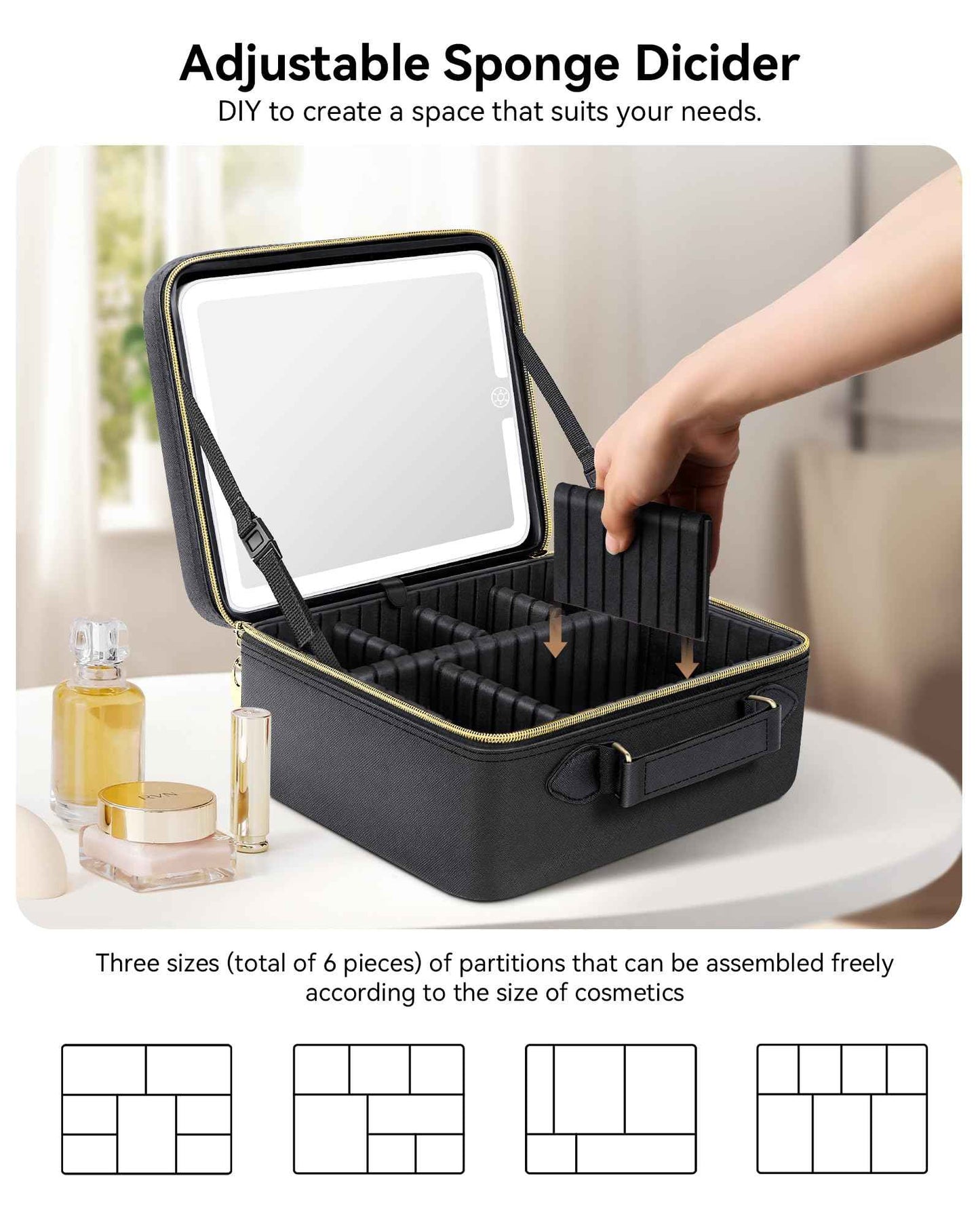 JUSRON Travel Makeup Bag With LED Mirror,Train Case with Light up Mirror, Portable Makeup Artist Organizer Bag with Adjustable Dividers (Black, Large)