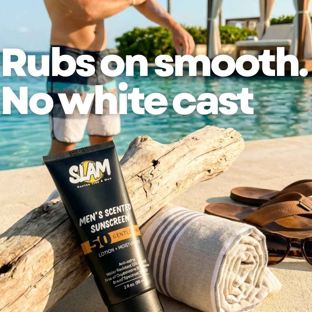 SLAM MysteryMan Men's Sunscreen Lotion SPF 50 & Moisturizer – Face & Body Sunblock, Anti-Aging, Water-Resistant, Hawaii Act 104 Safe, Daily Sport Skincare for Men, Scented – 3 fl oz. Double pack.