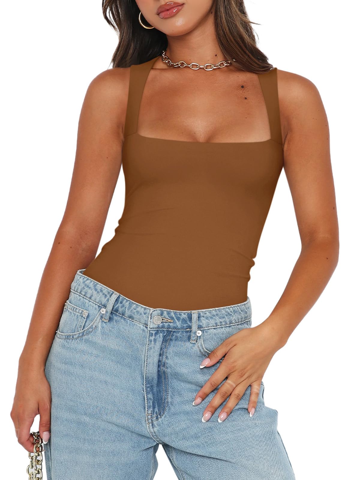 REORIA Womens Summer Sexy Sleeveless Square Neck Double Lined Going Out Cute Thong Bodysuit Tank Tops Brown X-Small