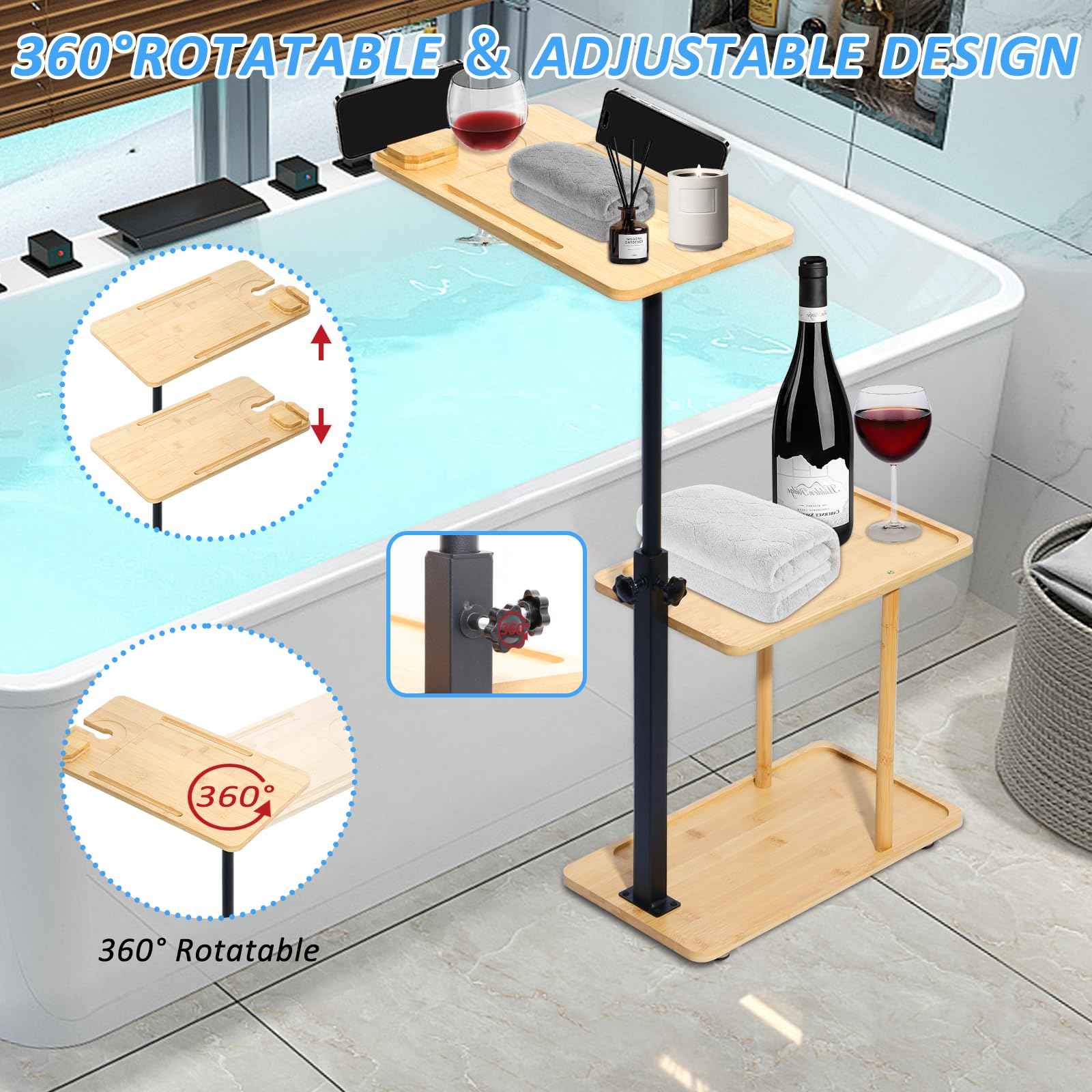 3 Layer Bath Tub Tray Table, Liftable Freestanding Bamboo Bath Tray Caddy for Tub Against Wall, Bath Table Tray Tub Shelf Bathroom Organizer Shelf for Luxury Spa and House Warming New Home