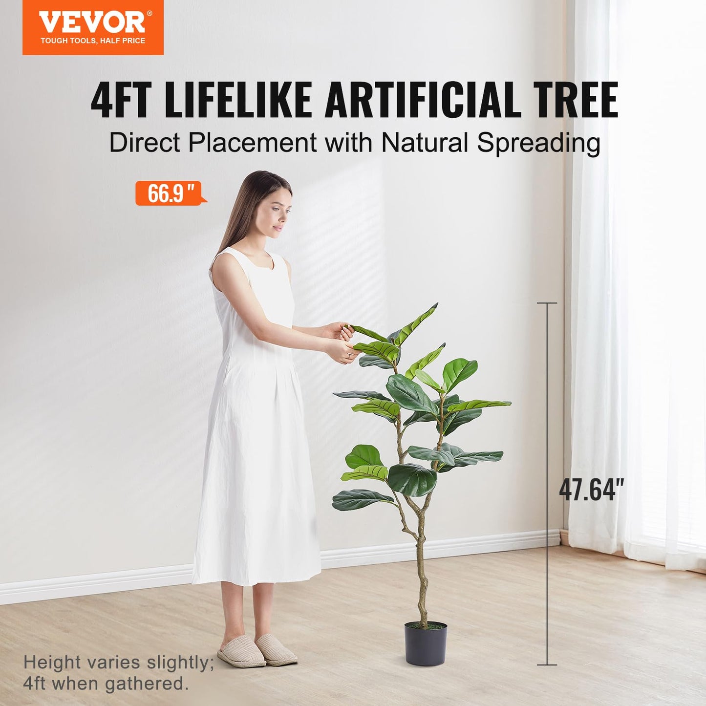 VEVOR Artificial Fiddle Leaf Fig Tree 4 FT, Secure PE Material & Anti-Tip Tilt Protection Low-Maintenance Faux Plant, Lifelike Green Fake Potted Tree for Home Office Christmas Decor Indoor Outdoor