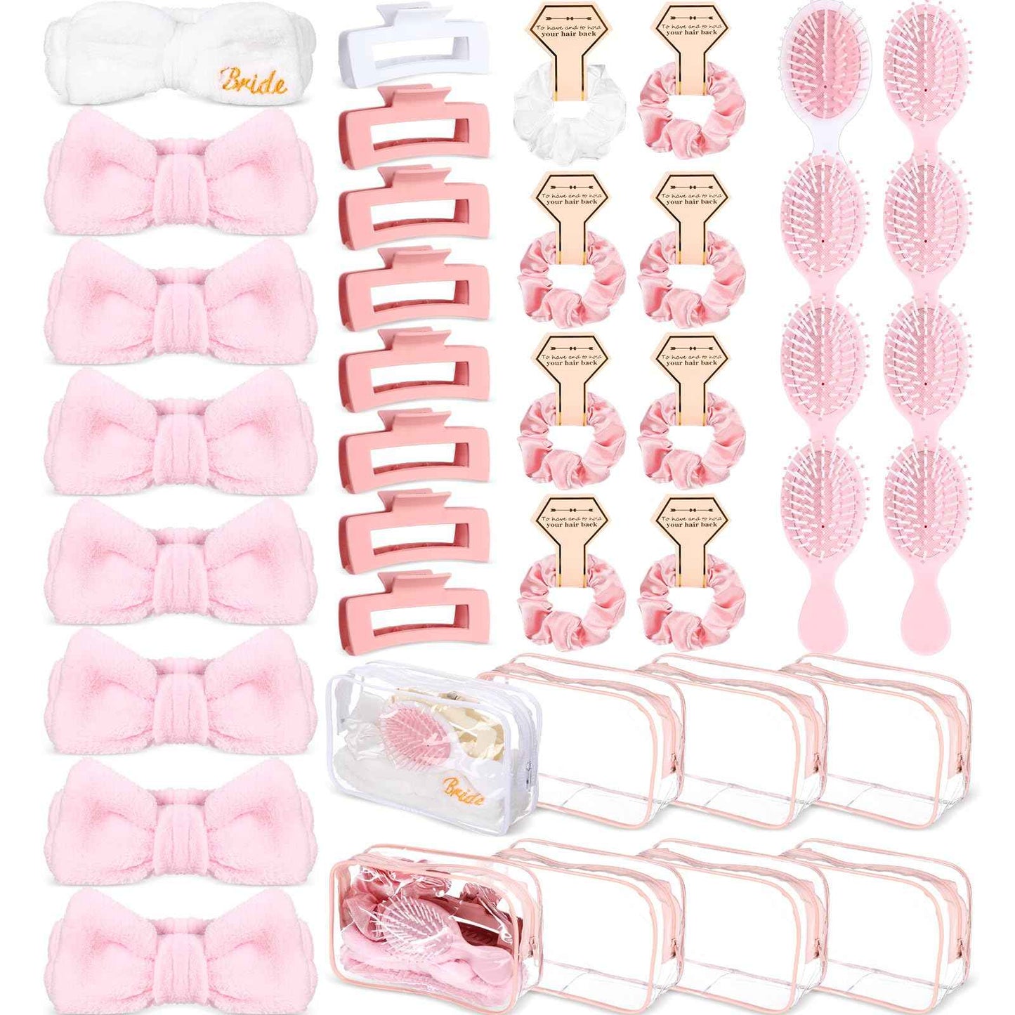Wavyknot 40 Pcs Bachelorette Favor Set Include Headband Scrunchies Hair Claw Clips Hairbrush and Makeup Bag for Bridal Shower Party Gifts Bridesmaid Wedding Supplies (White and Pink)