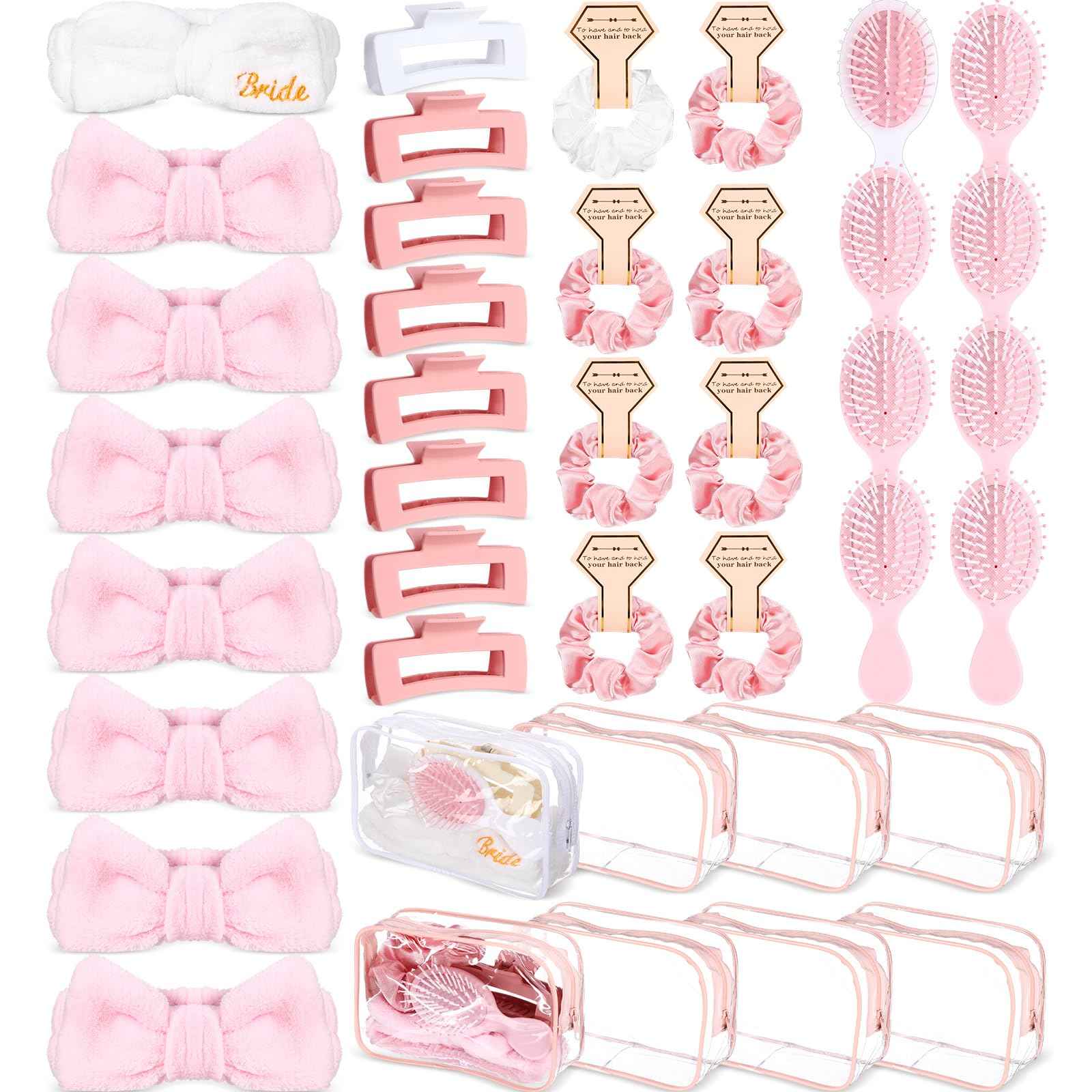 Wavyknot 40 Pcs Bachelorette Favor Set Include Headband Scrunchies Hair Claw Clips Hairbrush and Makeup Bag for Bridal Shower Party Gifts Bridesmaid Wedding Supplies (White and Pink)