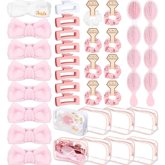 Wavyknot 40 Pcs Bachelorette Favor Set Include Headband Scrunchies Hair Claw Clips Hairbrush and Makeup Bag for Bridal Shower Party Gifts Bridesmaid Wedding Supplies (White and Pink)