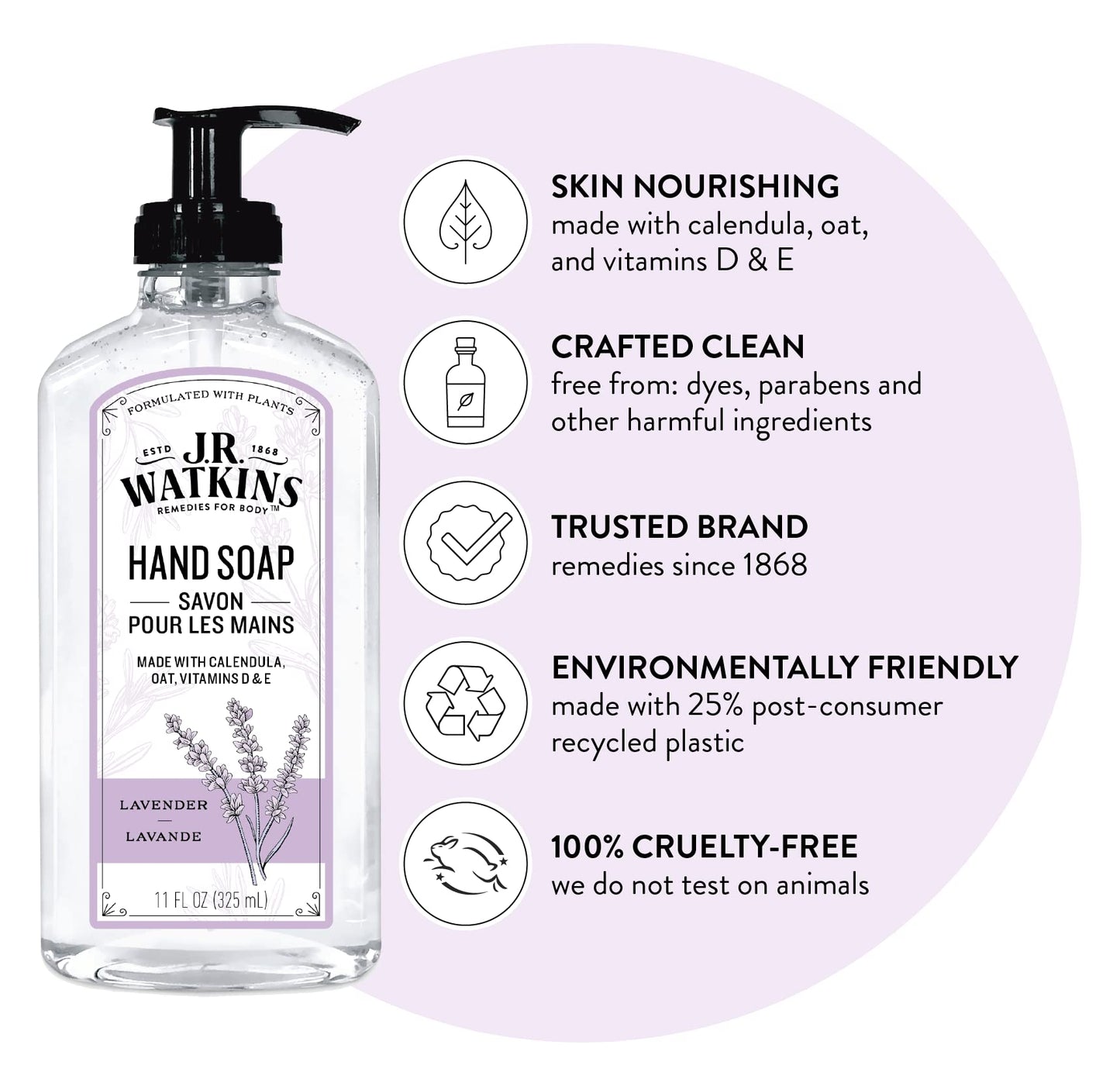 J.R. Watkins Gel Hand Soap, Scented Liquid Hand Wash for Bathroom or?Kitchen, USA Made and Cruelty Free, 11 fl oz, Lavender, 6 Pack