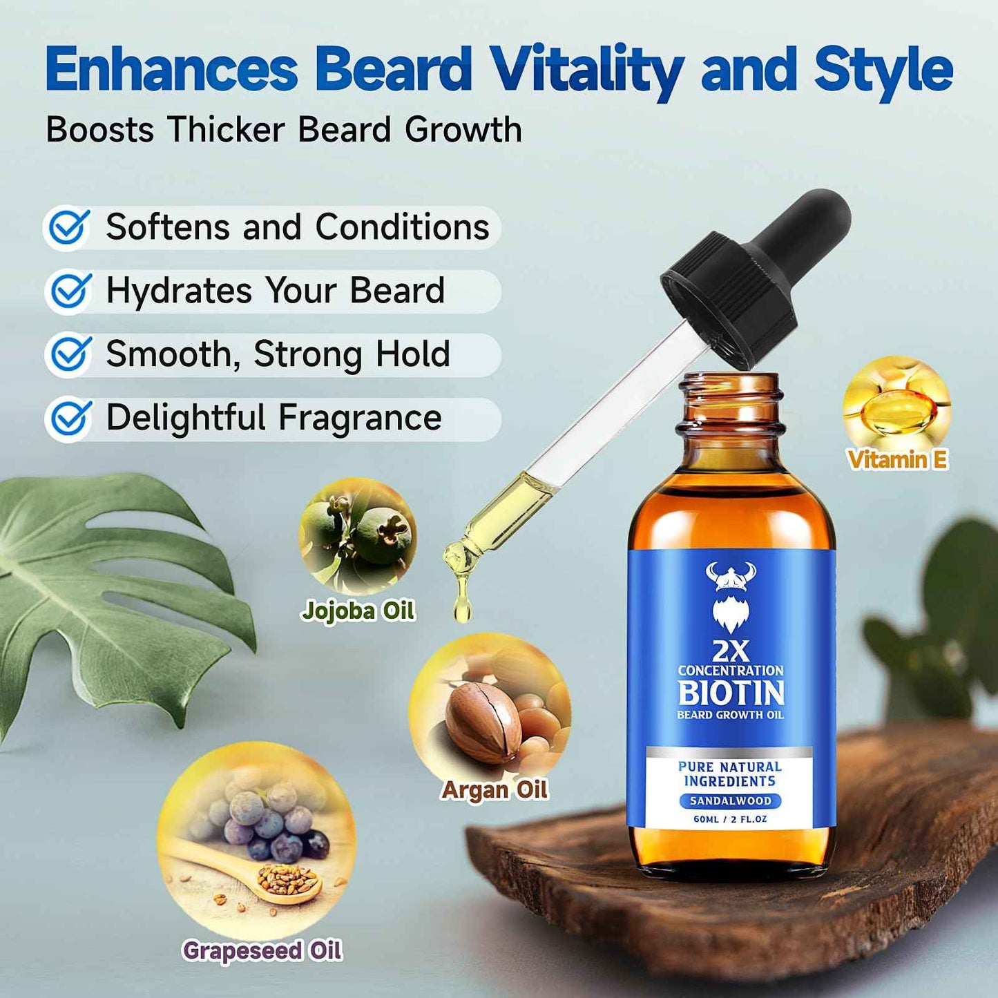 Beard Growth Oil - 2X Concentration Biotin Beard Oil for Men (2 oz) - Natural Mens Beard Oil with Argan Oil, Jojoba Oil and Vitamin, Beard Growth Softener, Moisturizer (Sandalwood)