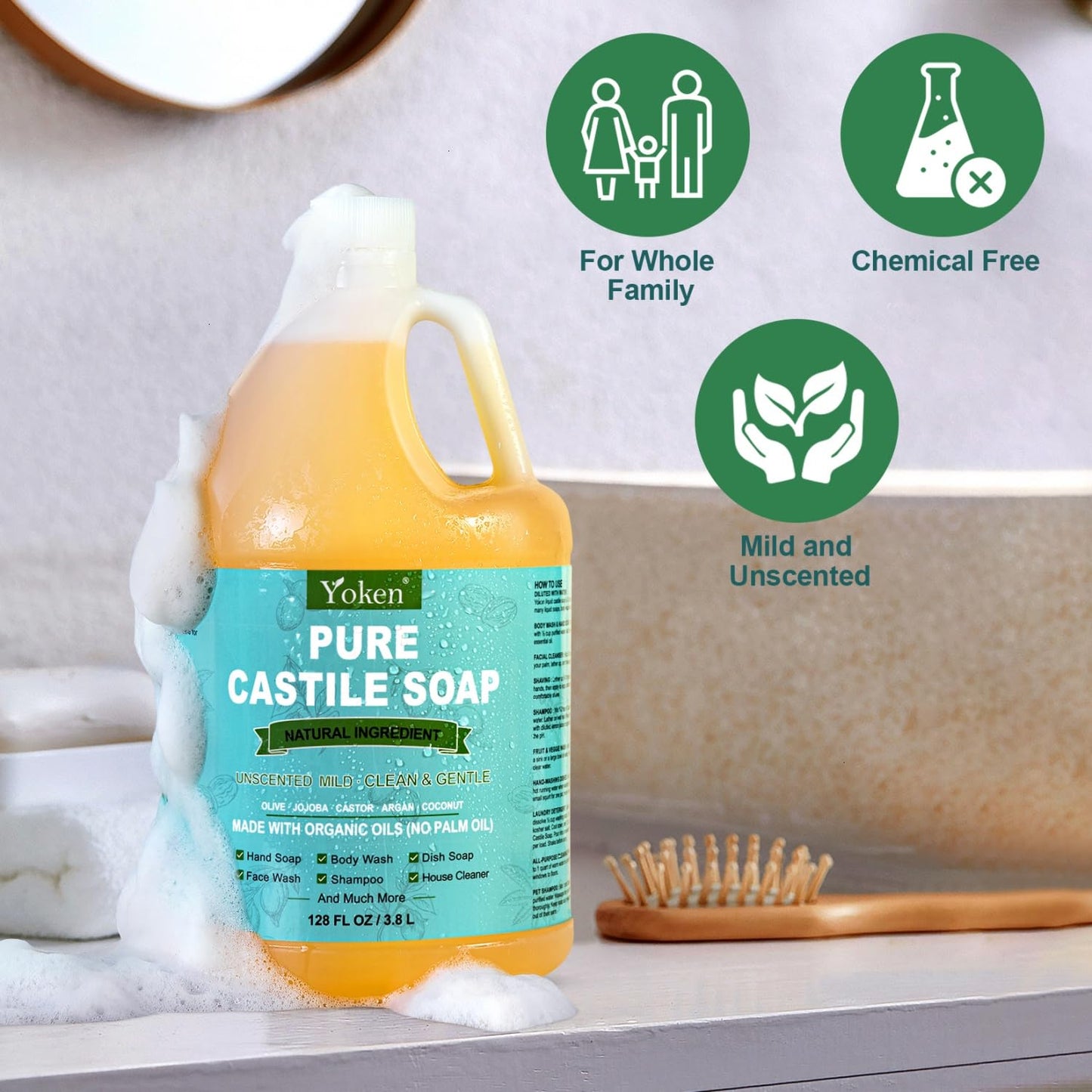 Yoken Castile Soap Liquid EWG Verified(1 Gallon, Unscented) Pure-Castile Liquid Soap for Body, Face, Hand, Pets, Laundry, Dish Soap and More - Made With Organic Oil, Vegan, Clean & Gentle, Versatile