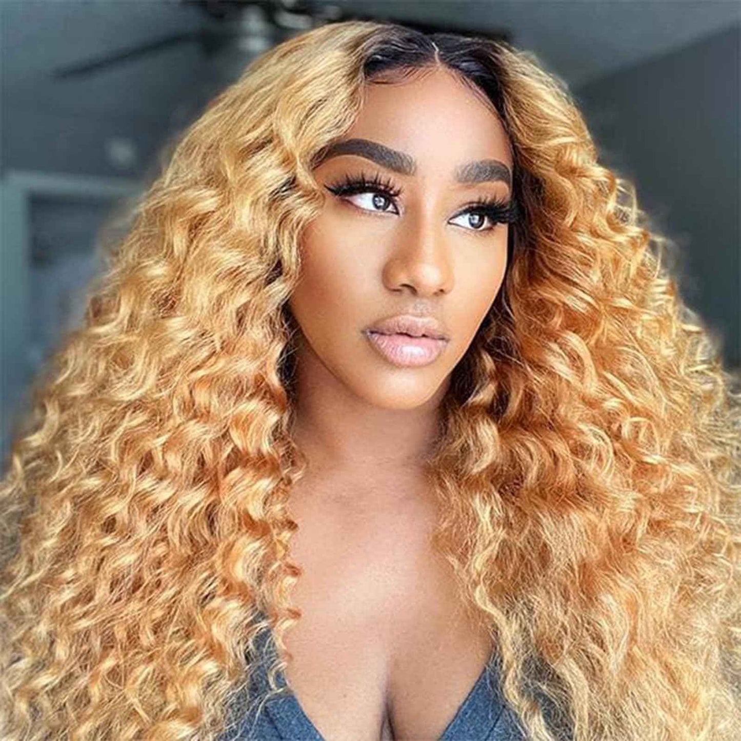 Luxvogue Curly Human Hair Wig Omber T 27 Lace Frontal Closure Deep Curly Human Hair Wig Pre Plucked Pre Cut Lace Frontal Closure Glueless Wigs Elastic Band 200% Density