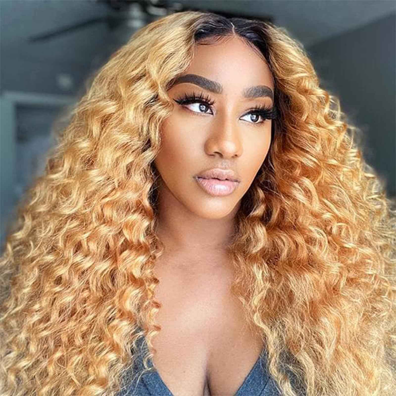 Luxvogue Curly Human Hair Wig Omber T 27 Lace Frontal Closure Deep Curly Human Hair Wig Pre Plucked Pre Cut Lace Frontal Closure Glueless Wigs Elastic Band 200% Density