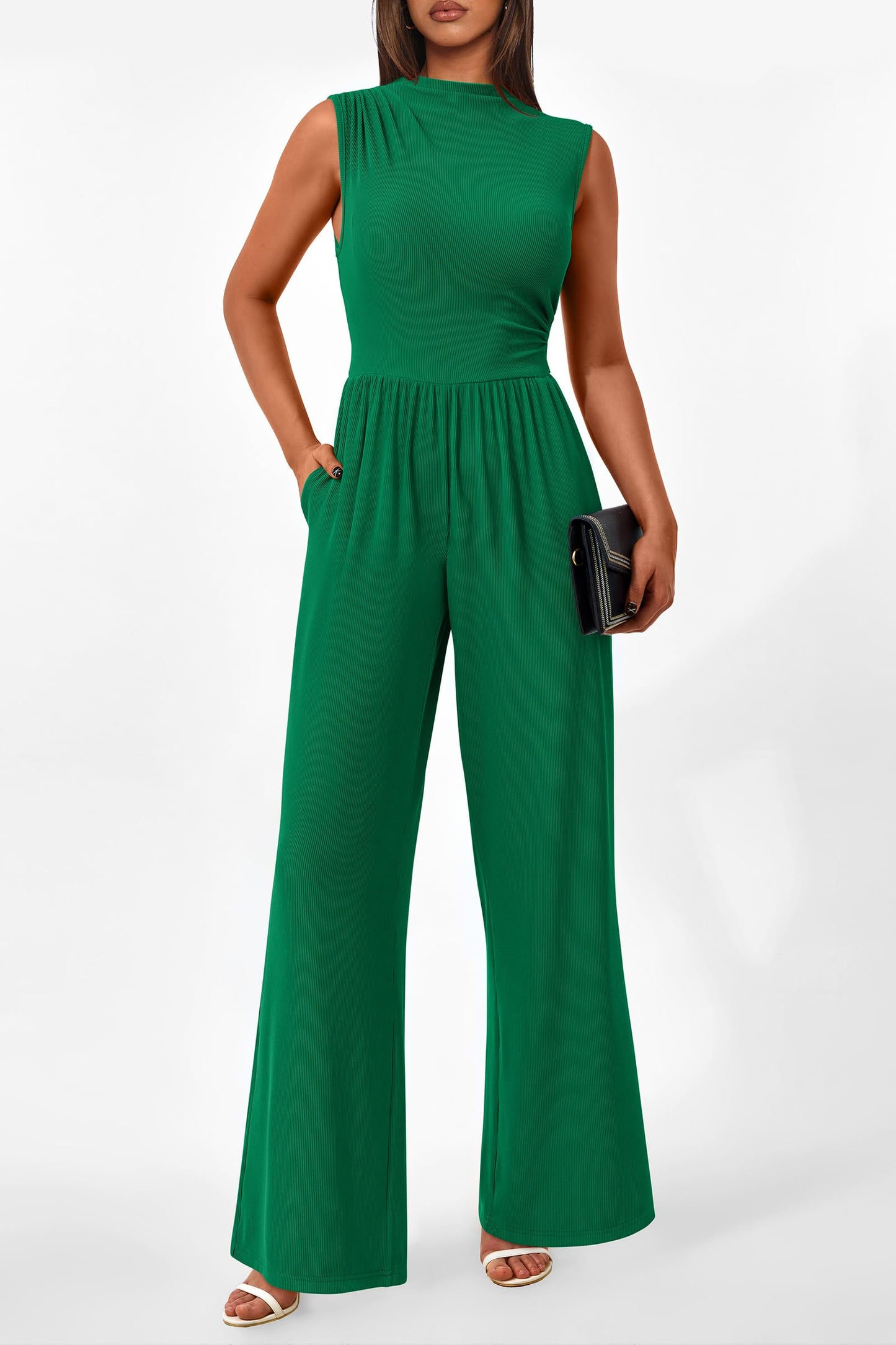 PRETTYGARDEN Womens Summer Jumpsuits Dressy Casual One Piece Outfits Sleeveless Mock Neck Wide Leg Pants Rompers with Pockets (Style2-Green,Small)