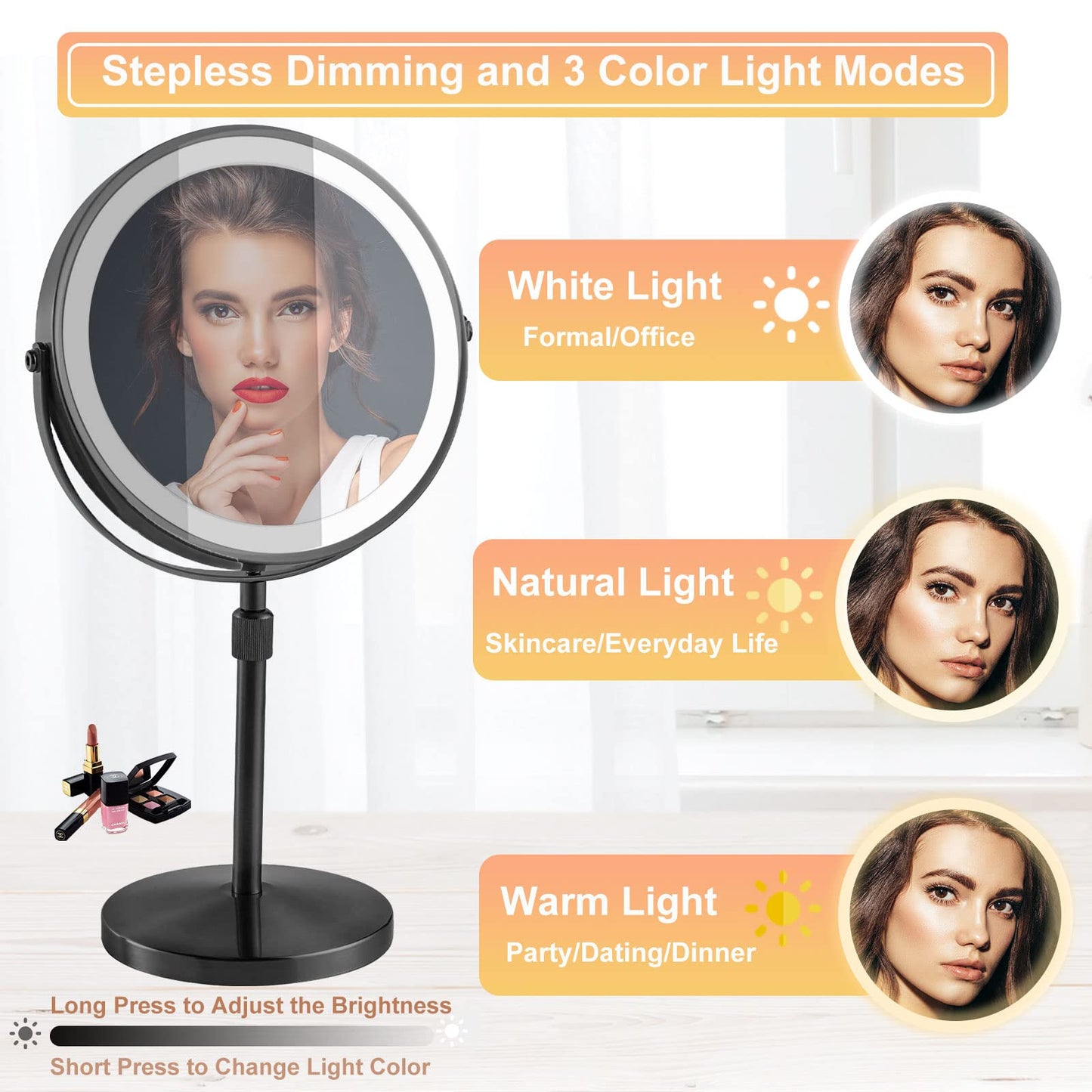 8" Makeup Mirror with Lights , Height Adjustable Lighted MMagnifying Mirror, 1x/10x Lighted Mirror with Magnification, Brightness Adjustable Magnification Cosmetic Vanity Light up Mirror, Black